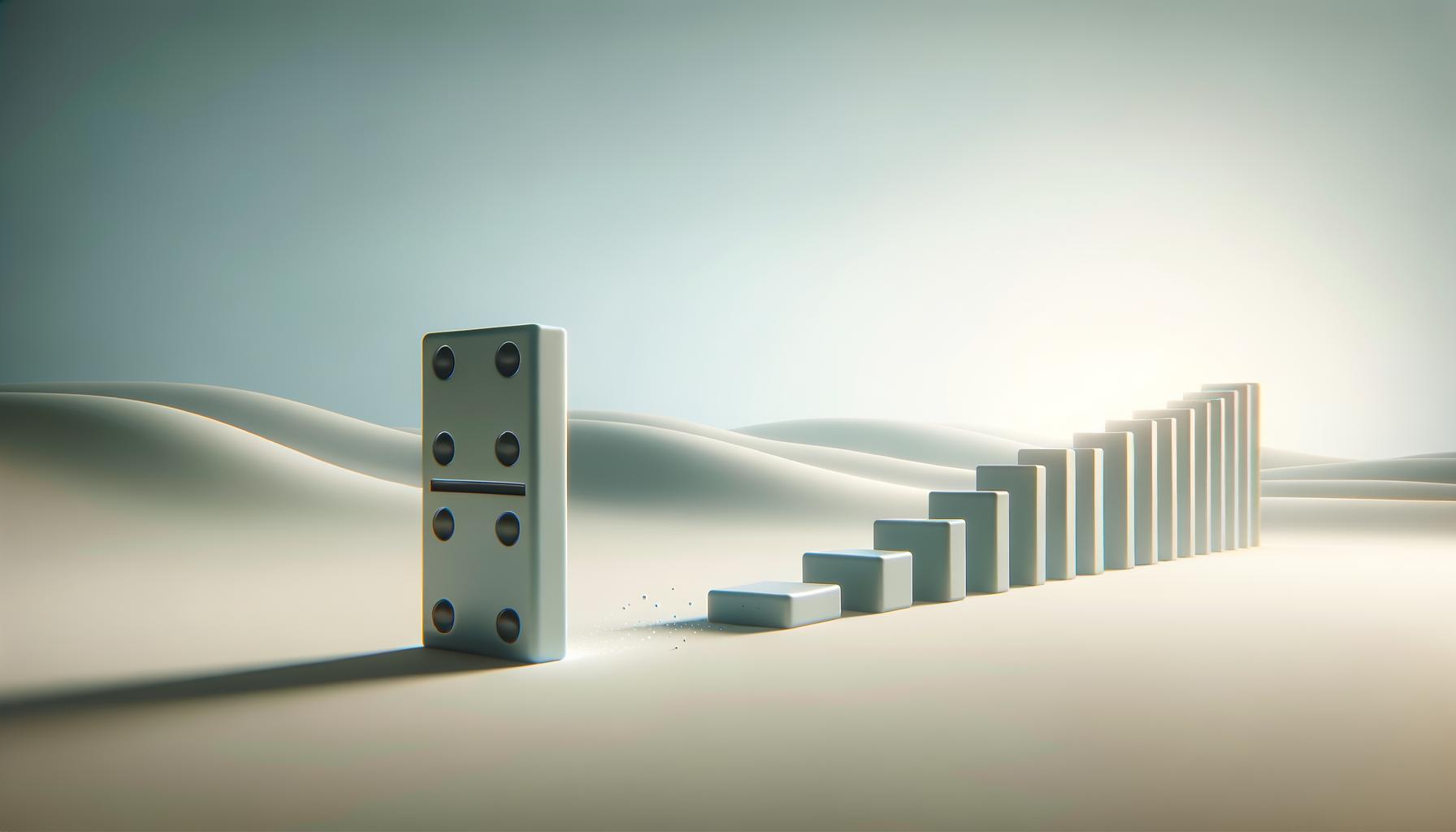A single domino standing upright with gentle ripples spreading on a soft gradient background