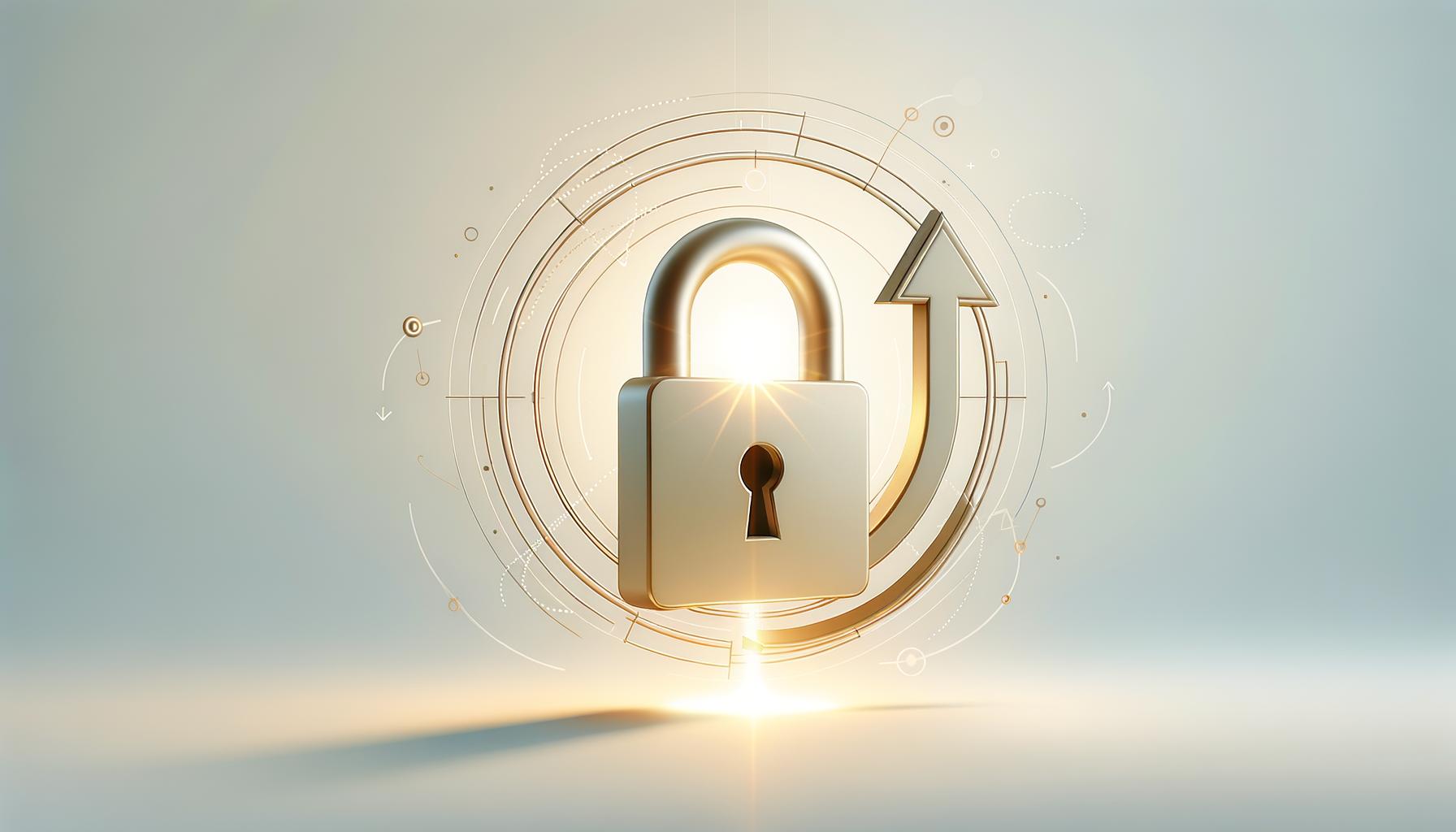 A minimalist open padlock with soft light and an upward arrow on a light gradient background