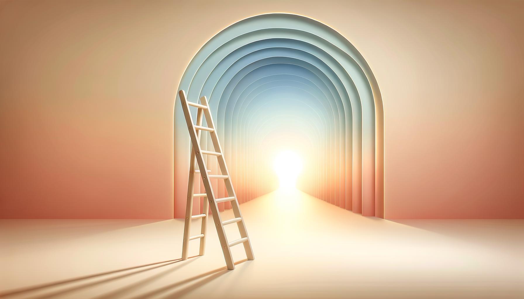 Minimalist ladder reaching toward a glowing horizon on a soft gradient background symbolizing modern wealth