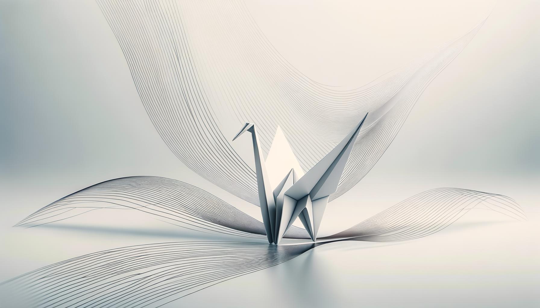 Minimalist origami crane unfolding into dynamic lines on a soft gradient background symbolizing agile mindset renewal