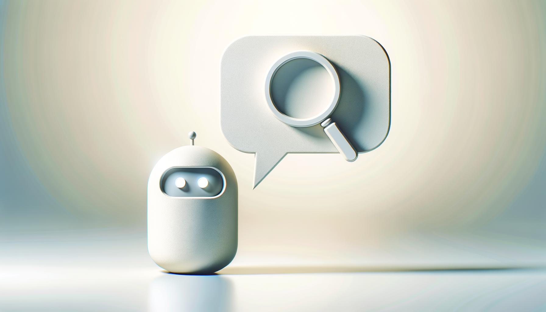 Minimalist illustration of an AI chatbot icon and a magnifying glass speech bubble on a soft gradient background
