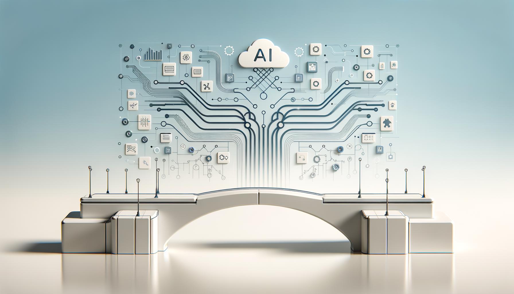 Abstract bridge of geometric shapes connecting AI and engineering symbols on a light gradient background