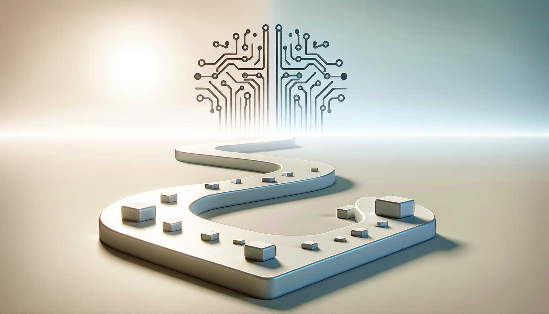 A minimalist concept art of a path splitting between smooth AI circuits and geometric stepping stones