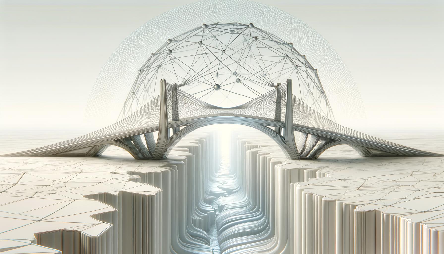 Minimalist illustration of a strong geometric bridge spanning an abstract gap on a soft gradient background
