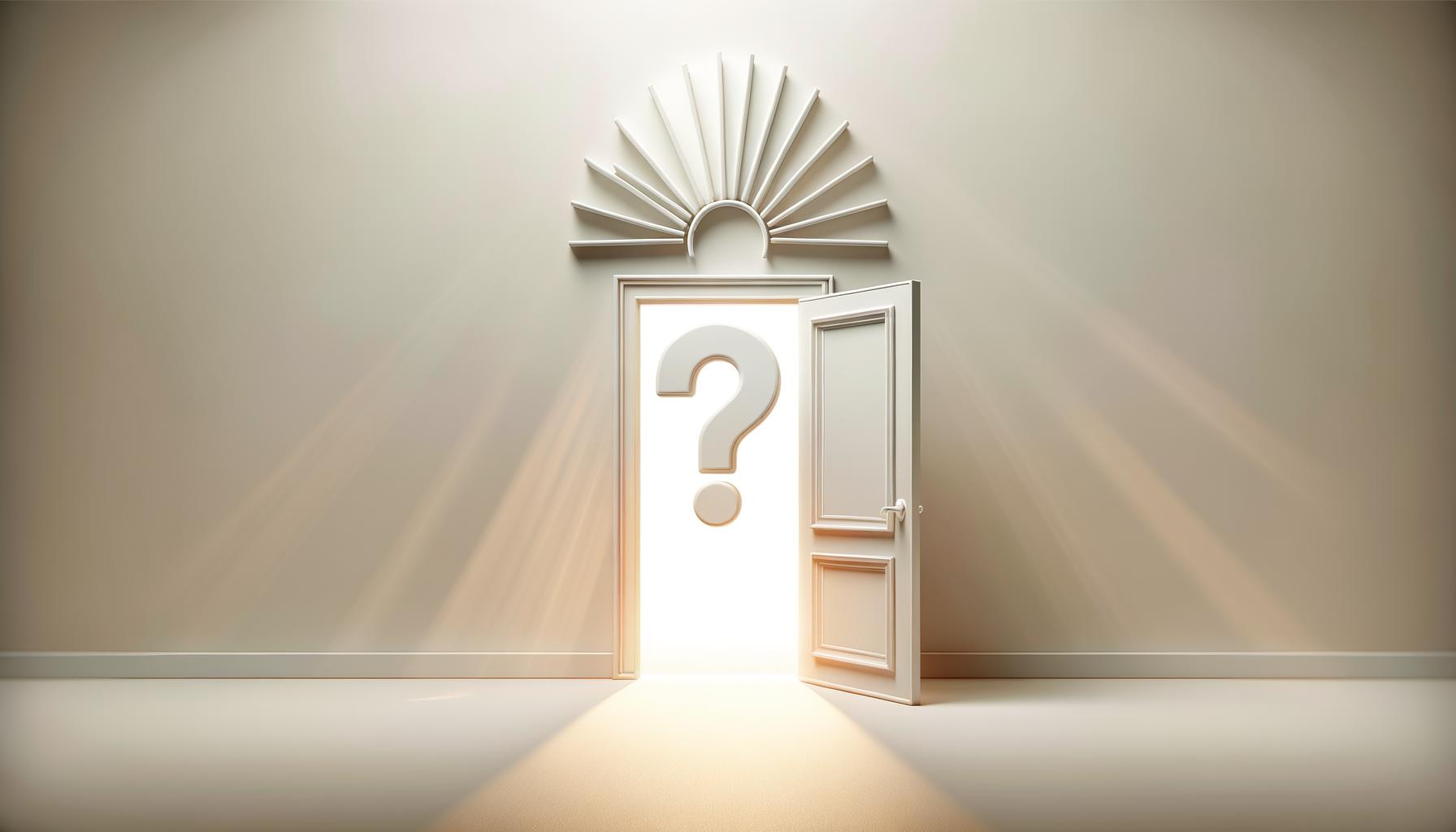 Minimalist illustration of a question mark in a speech bubble above an open glowing doorway