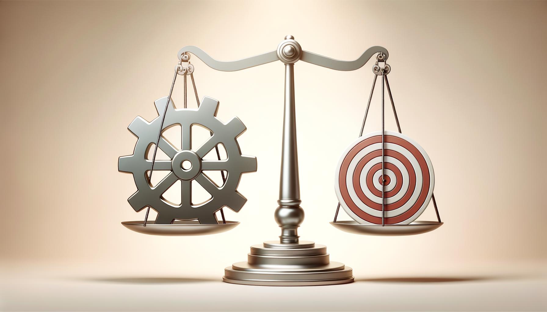 Minimalist illustration of balanced scale with a gear and target symbolizing efficiency and effectiveness