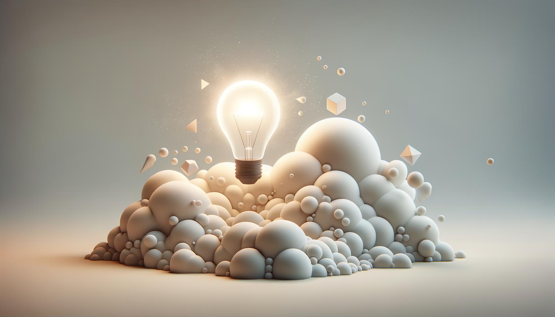 Minimalist illustration of a glowing lightbulb rising from abstract shapes on a soft gradient background