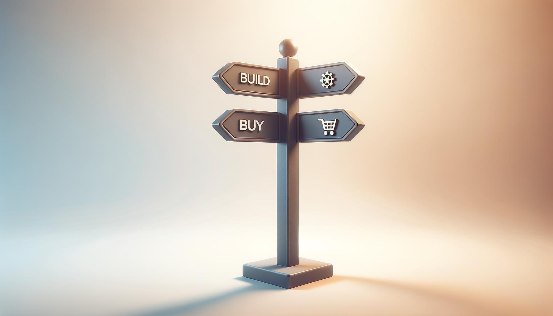 Minimalist crossroads signpost with gear and shopping cart icons on a soft light gradient background