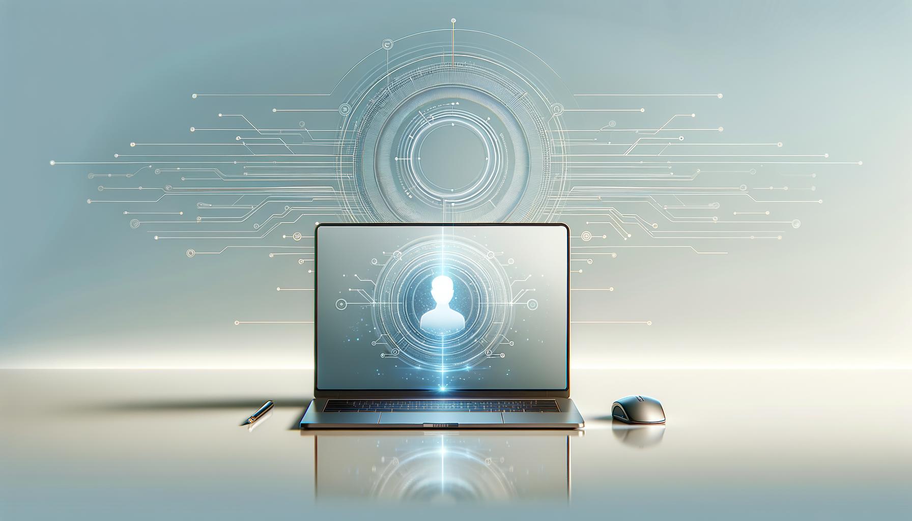 Minimalist digital illustration of an engineer’s workspace with glowing circuit lines on a light gradient background