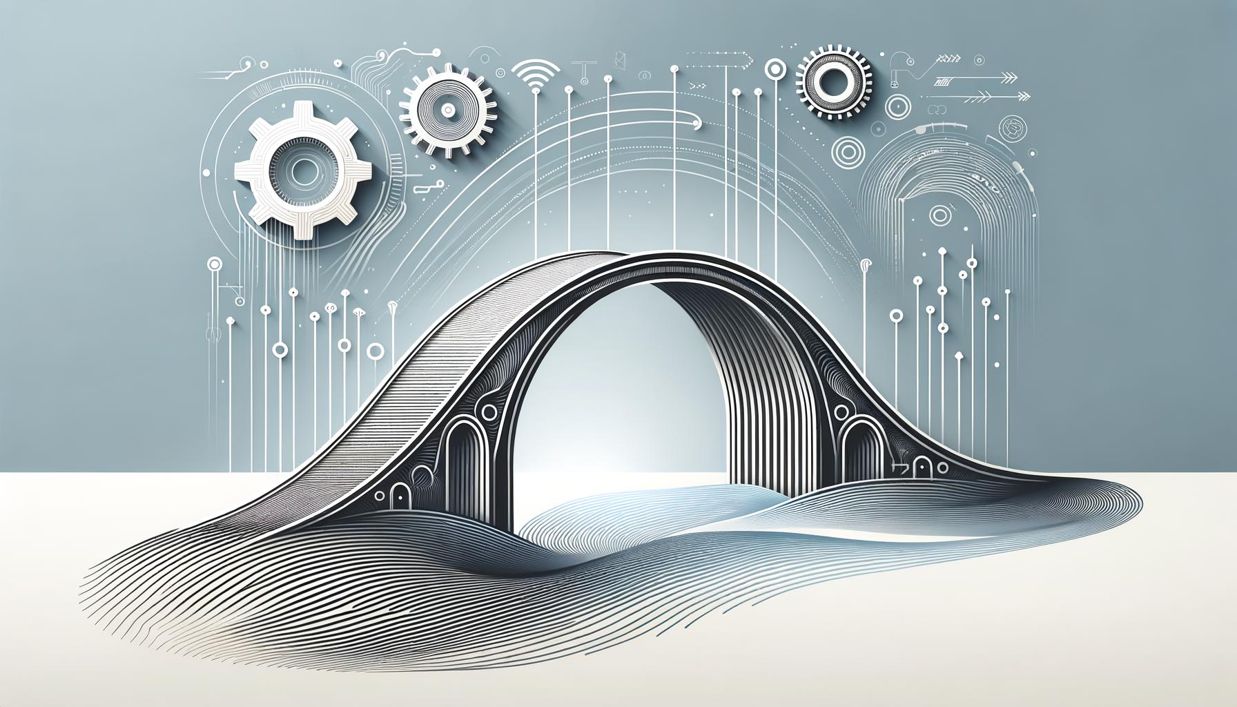 Minimalist bridge connecting engineering gears to abstract waves on a soft gradient background