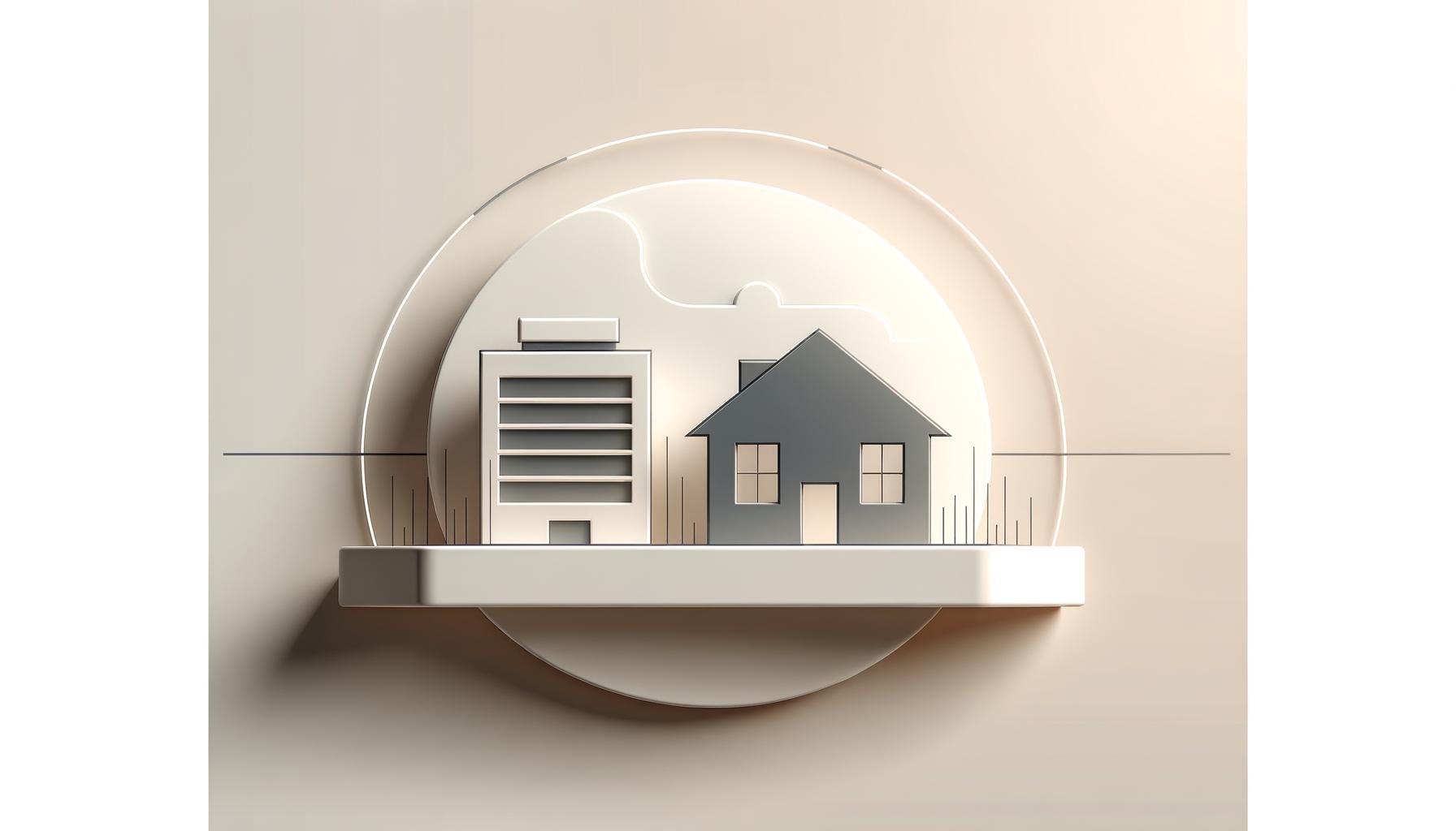 Minimalist illustration of a home and office building balanced on a scale against a soft gradient background