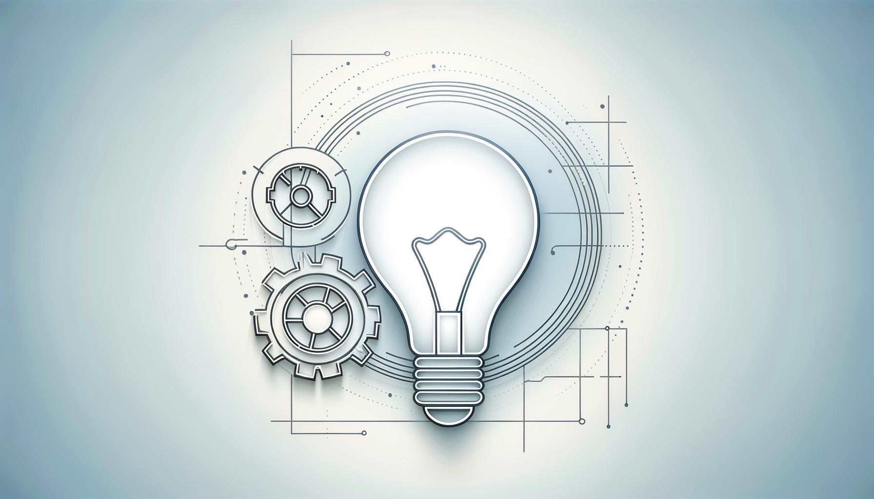 Minimalist illustration of a lightbulb blending with abstract gears on a soft gradient background