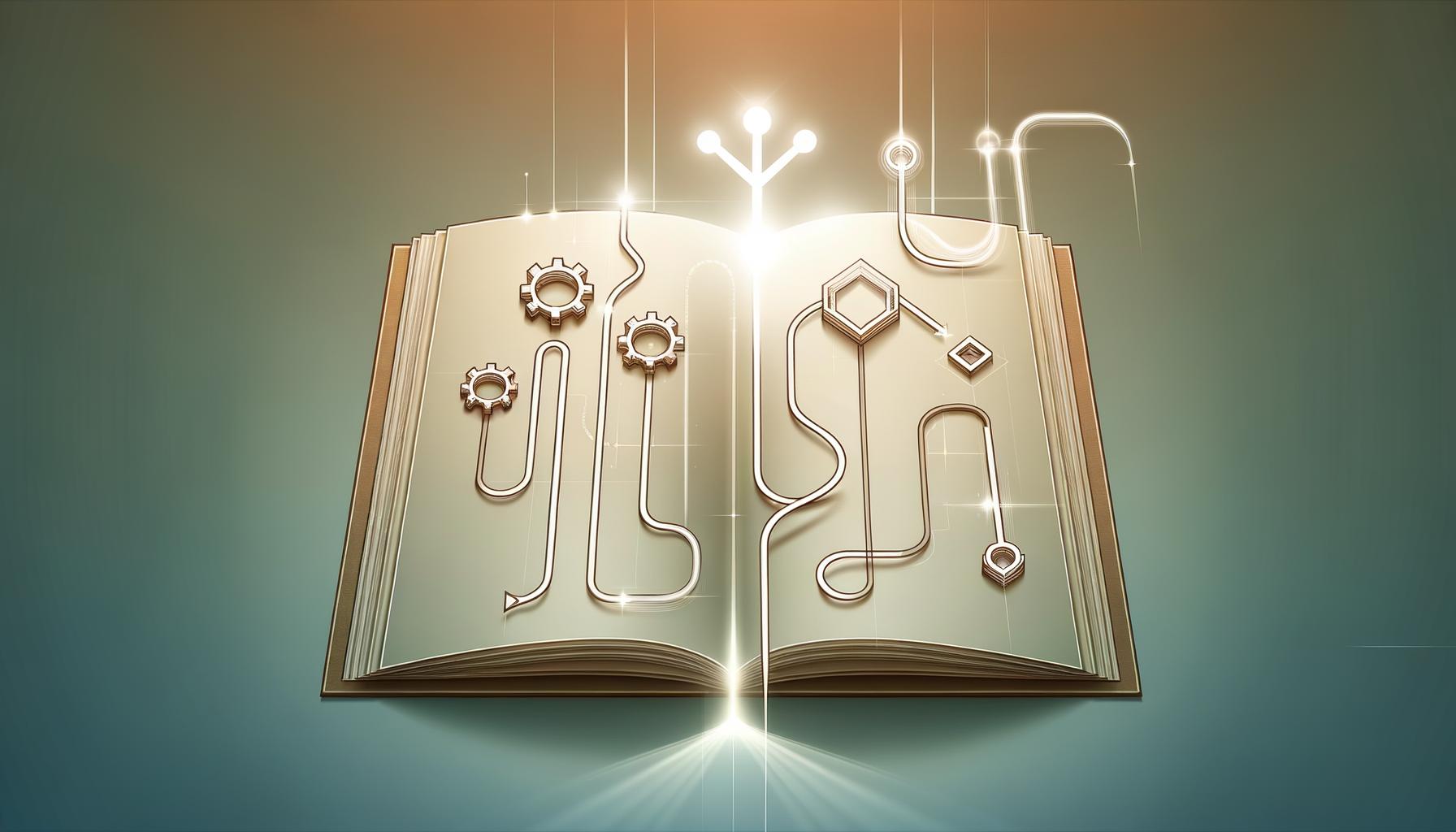 Minimalist illustration of an open playbook with a glowing bridge connecting engineering and team symbols