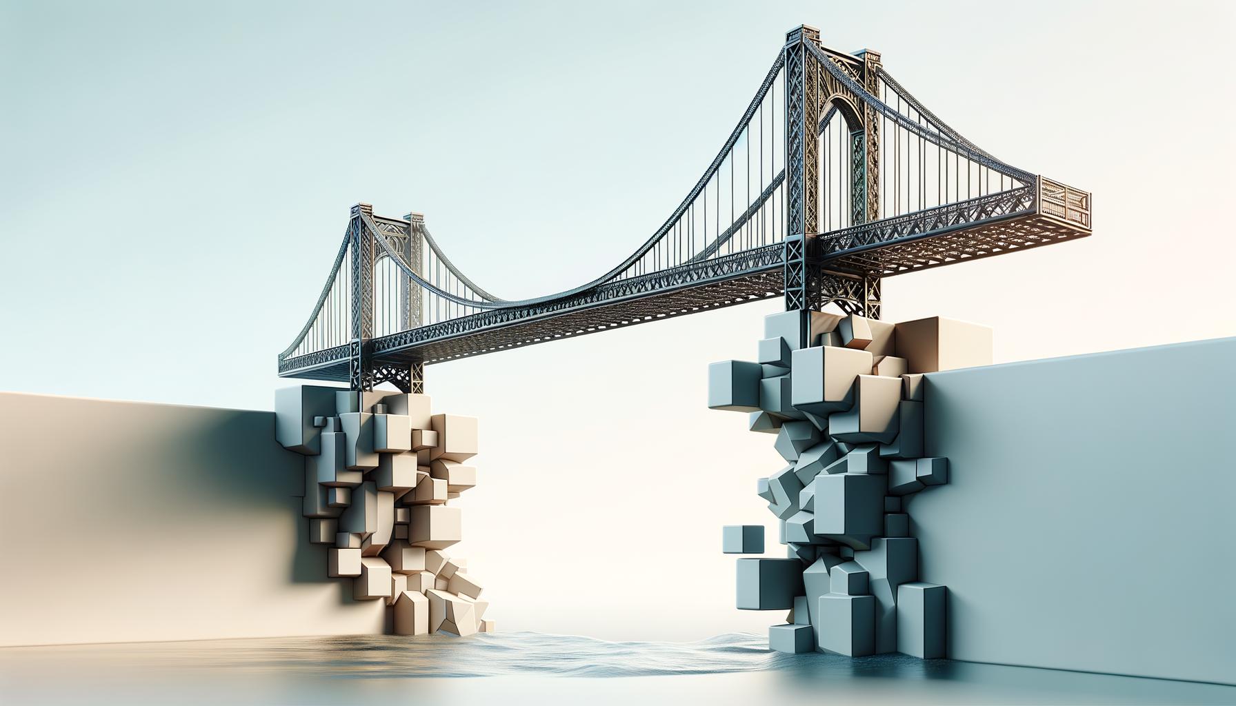 Minimalist bridge spanning abstract obstacles symbolizing constraint-driven leadership and creative problem solving