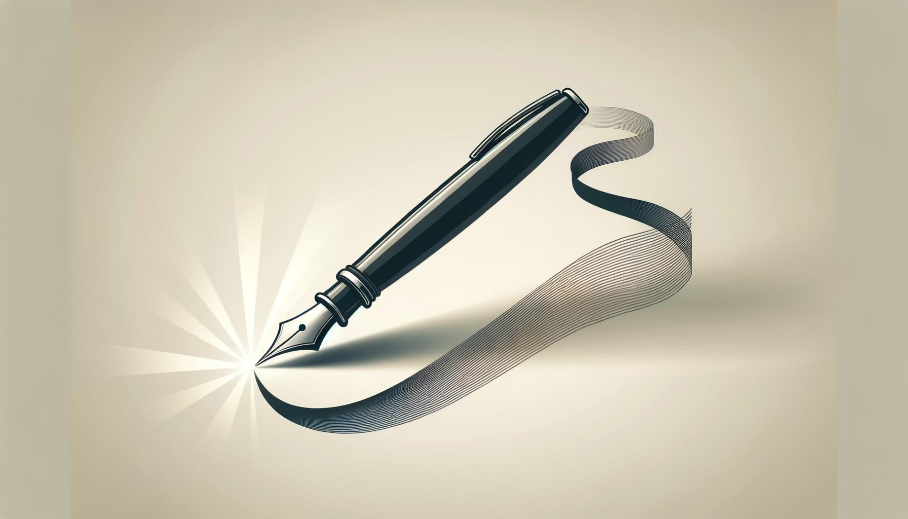 A minimalist fountain pen drawing a flowing line that becomes a spotlight on a soft gradient background