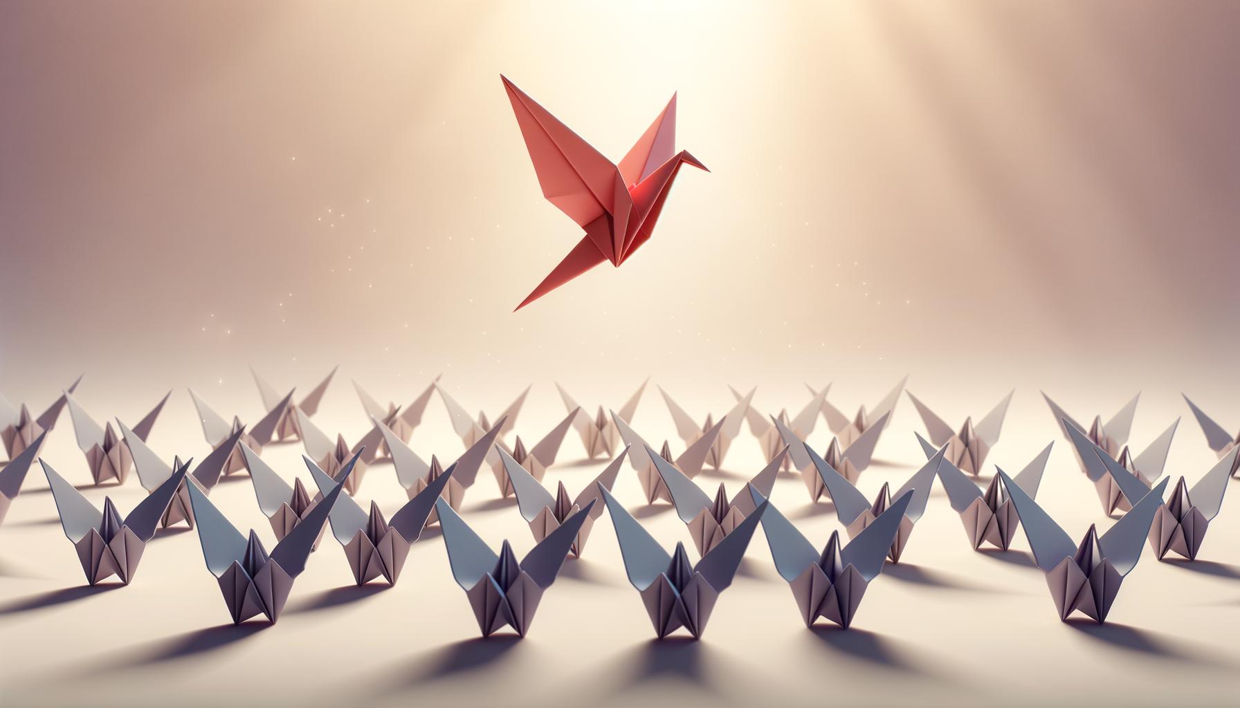 A colorful origami bird rises above plain paper birds on a soft gradient background