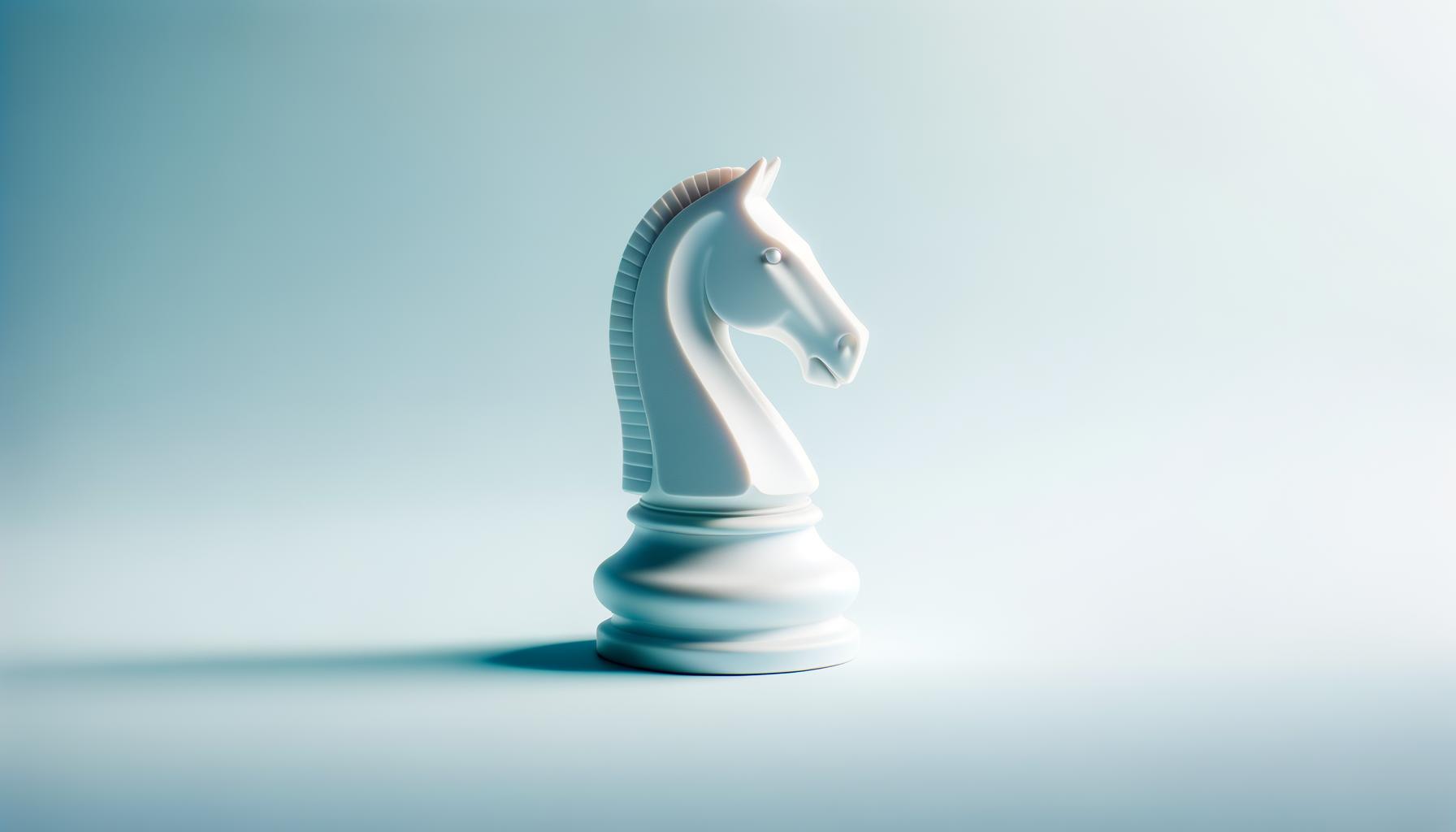 Minimalist illustration of a single chess knight on a soft blue gradient background symbolizing intentional strategy