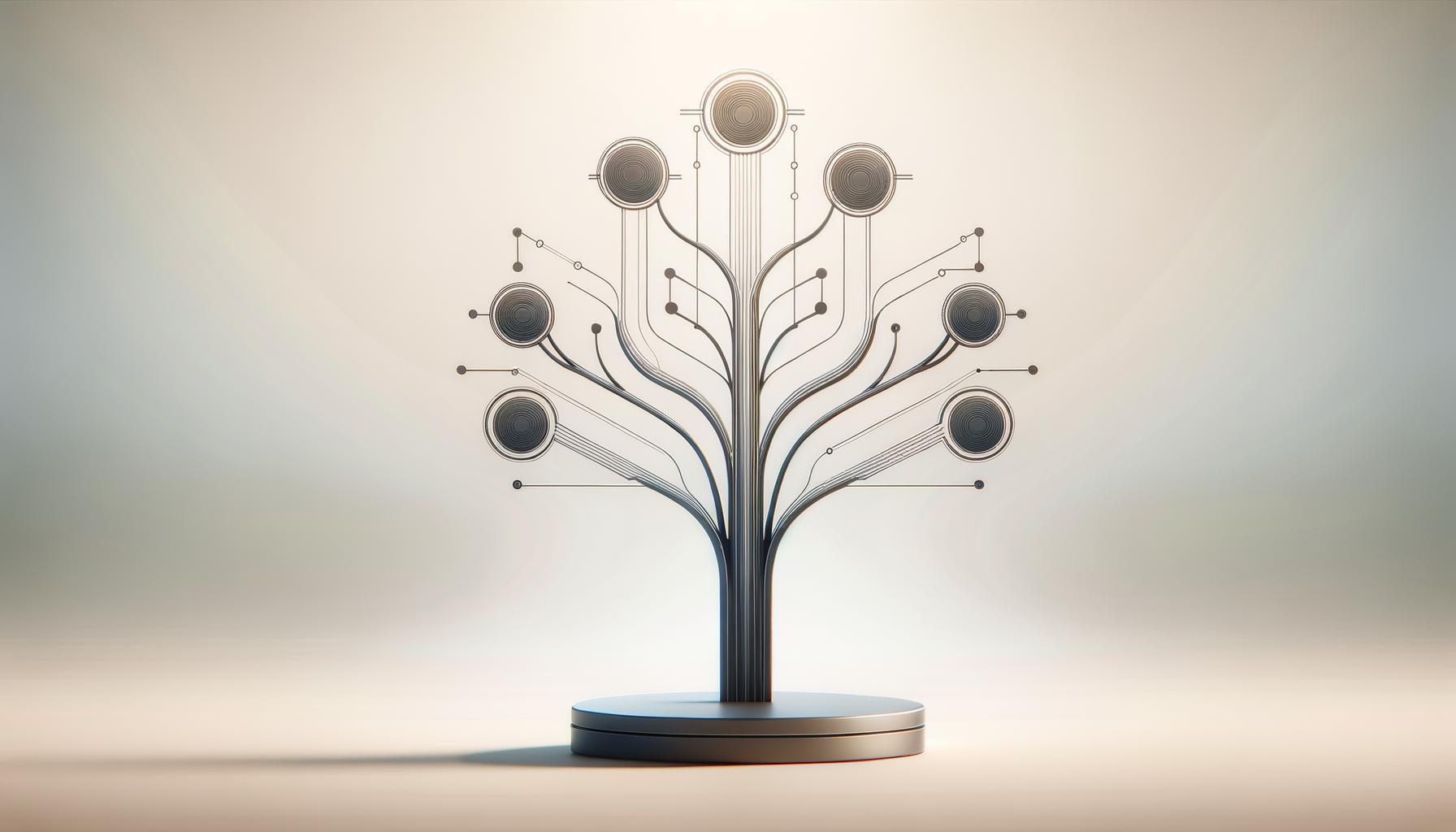 Minimalist digital illustration of a decision tree with five branches on a soft gradient background