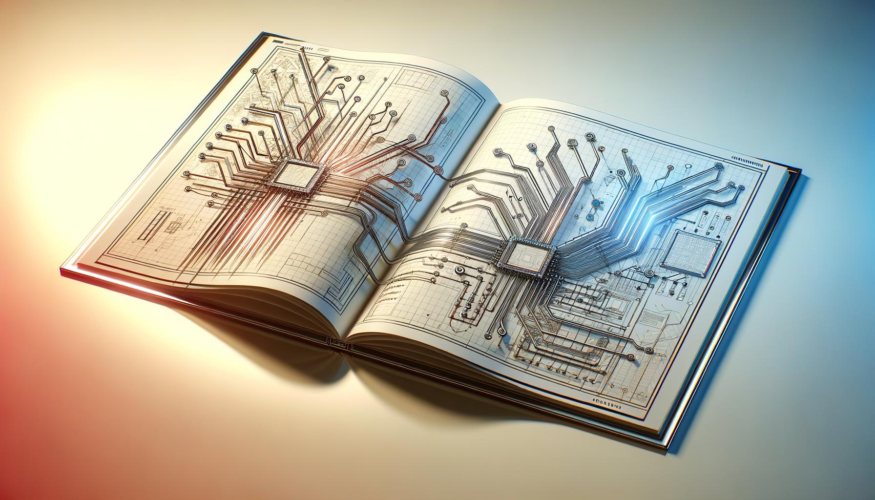 Minimalist illustration of an open blueprint with modular blocks and circuit lines on a light gradient background