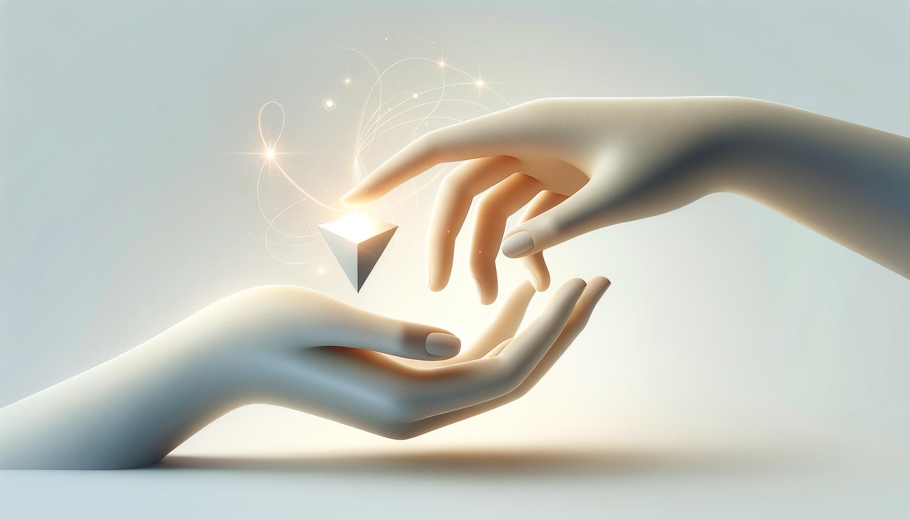 Two abstract hands exchange a glowing shape on a minimalist soft gradient background