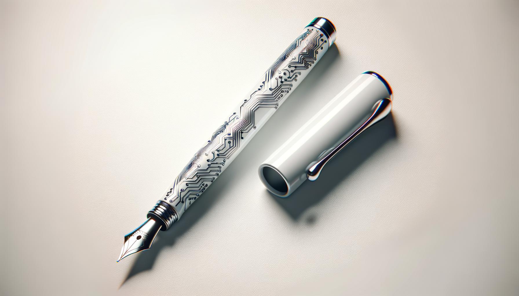 Minimalist illustration of a fountain pen and abstract AI circuit line on a soft gradient background