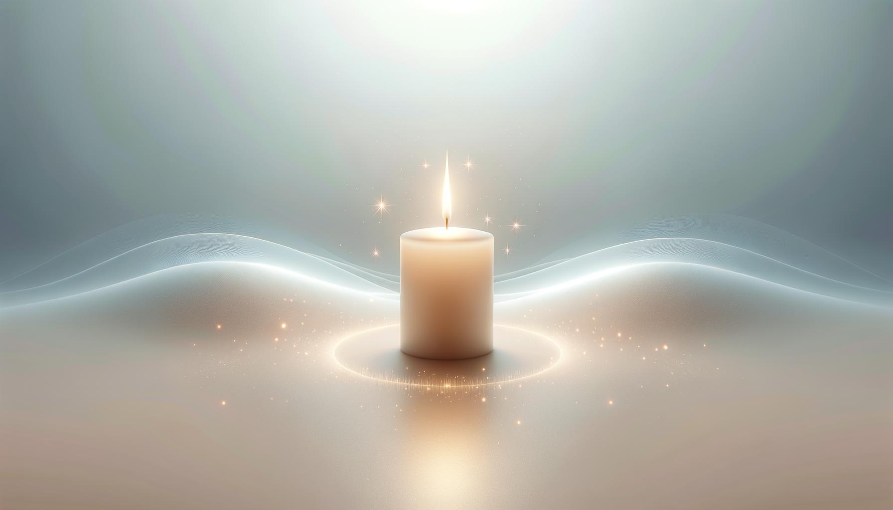 A glowing candle on a smooth surface with gentle light effects on a soft gradient background