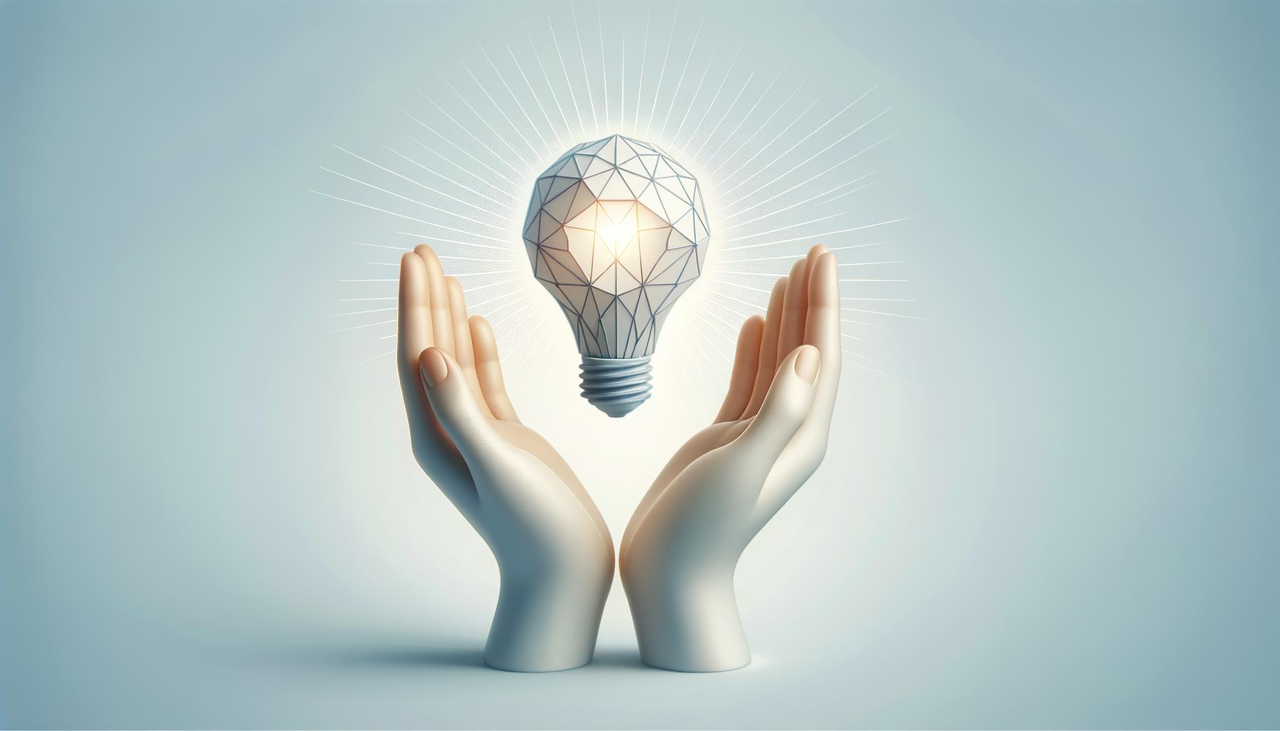 An open hand holds a glowing geometric lightbulb on a soft gradient background representing leadership embracing new ideas