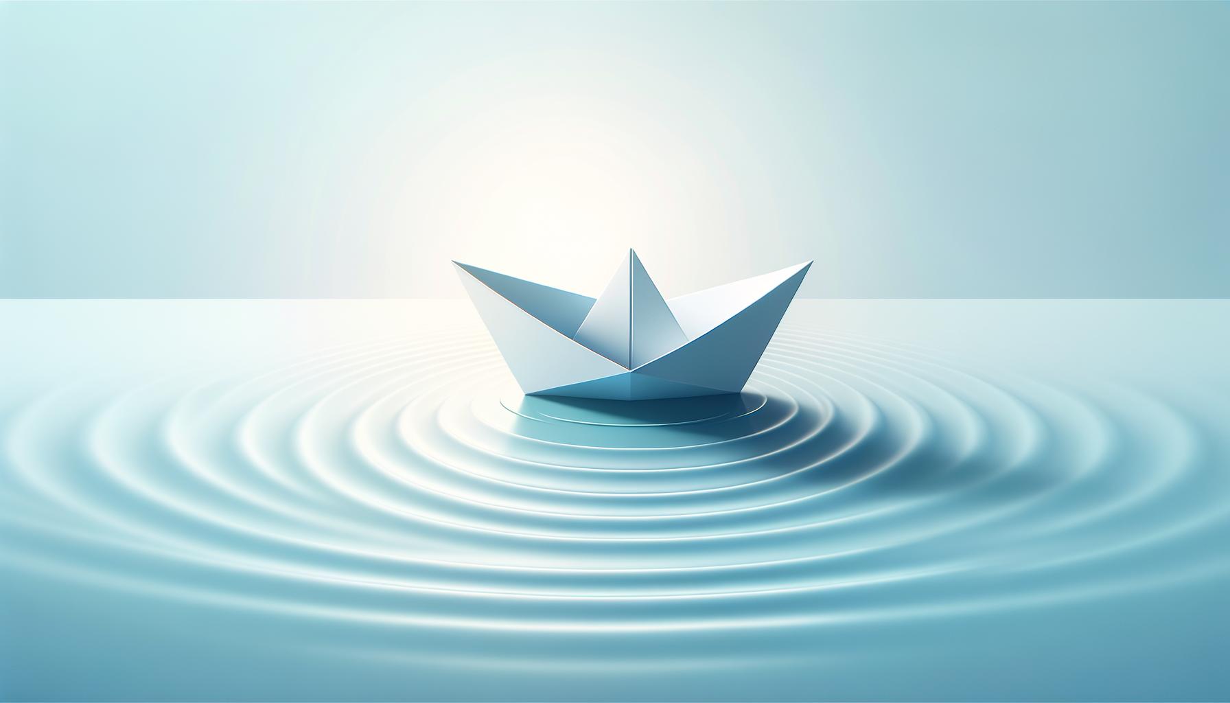 Minimalist paper boat floating on calm water with a soft gradient background symbolizing innovation through uncertainty