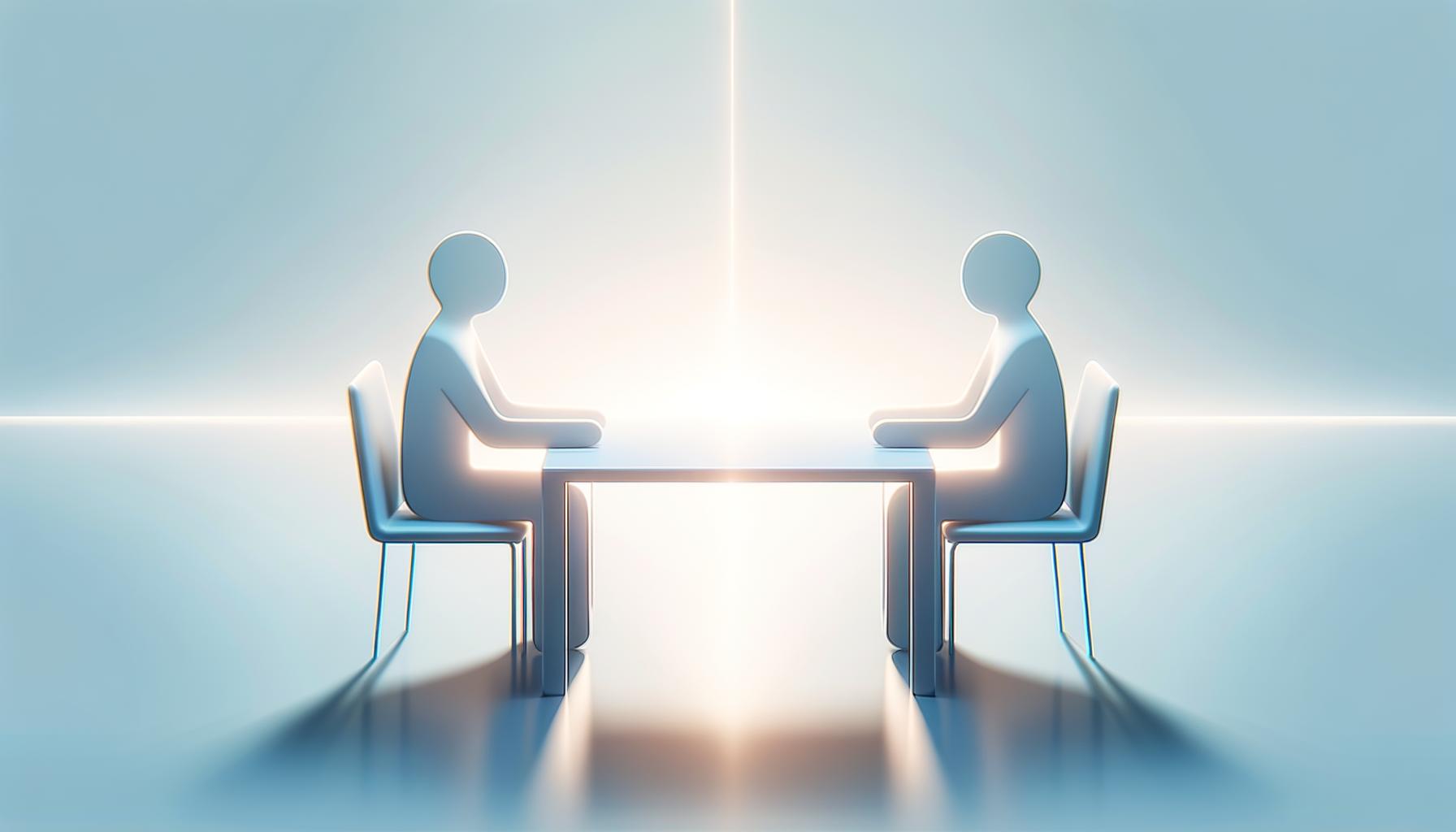 Two abstract figures seated across a table connected by a soft glowing line on a light gradient background
