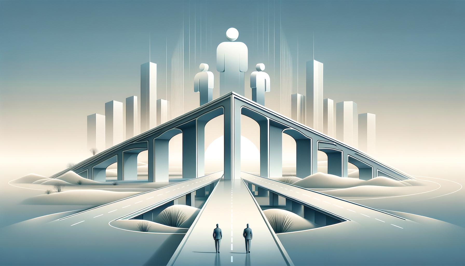 Minimalist illustration of two figures rebuilding a bridge with four segments on a soft gradient background