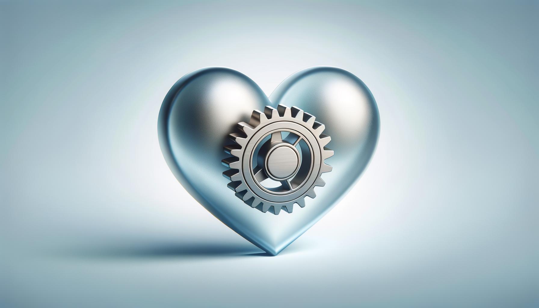 A gear and transparent heart interlocking on a light gradient background symbolizing empathetic engineering leadership