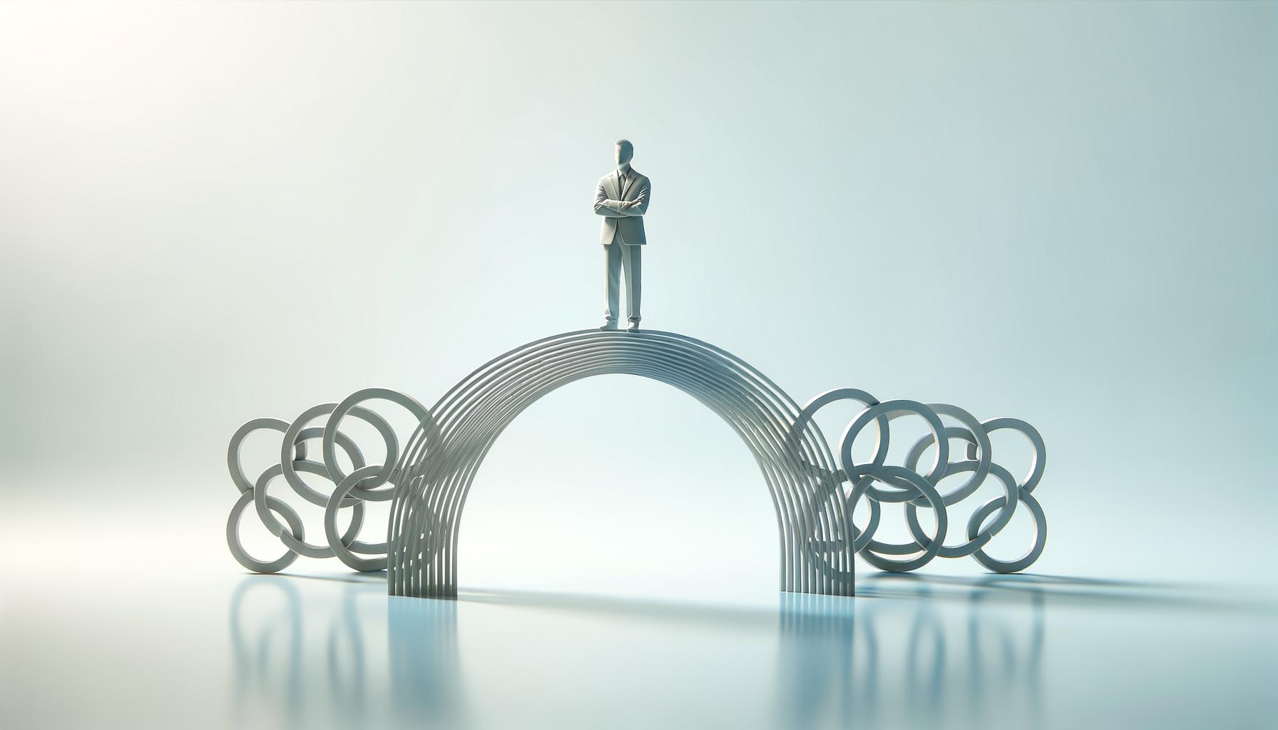 Minimalist illustration of a lone figure on a geometric bridge symbolizing balanced leadership