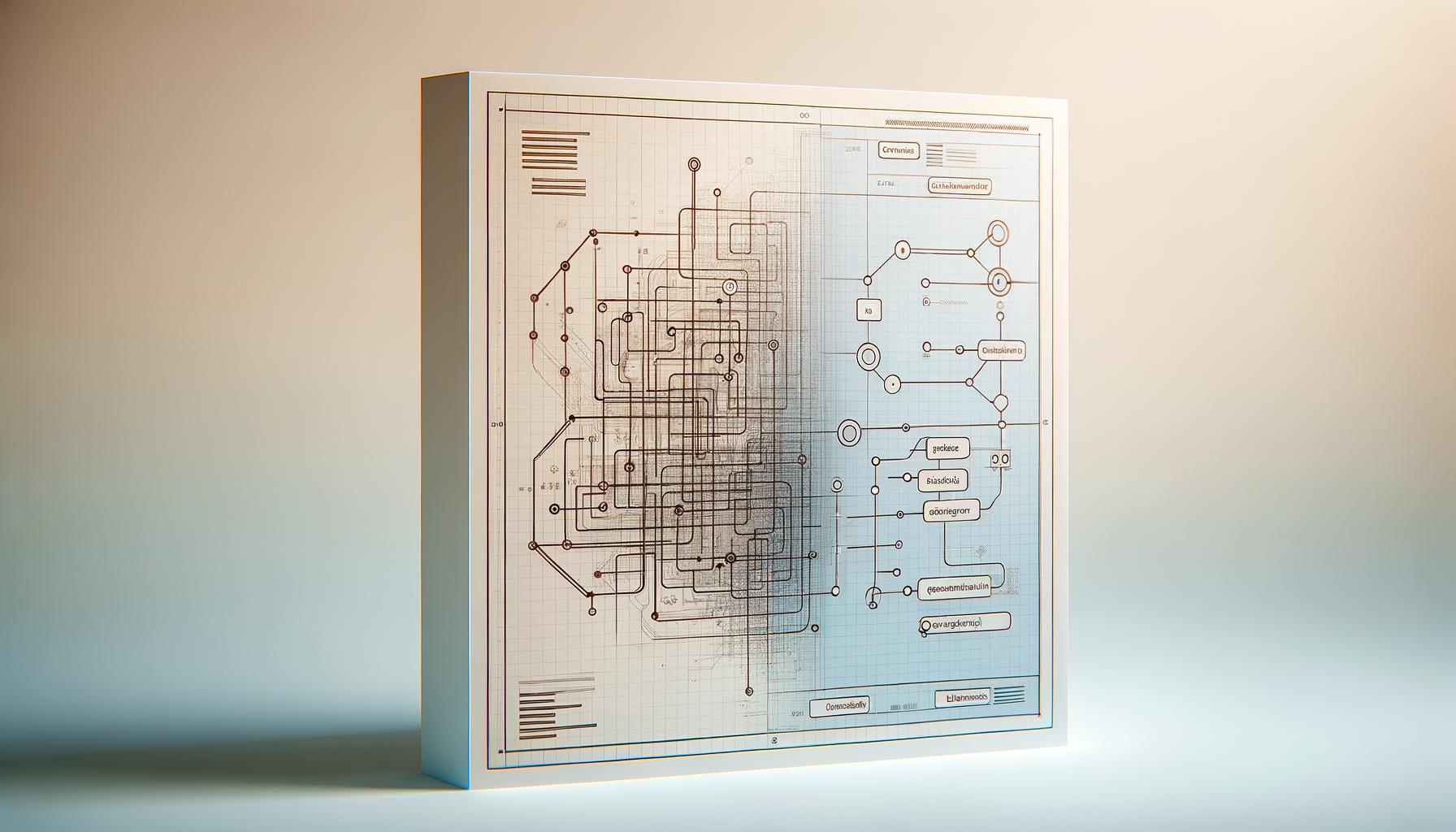 Minimal blueprint overlapping a simple flowchart on a light gradient background symbolizing deeper engineering skills