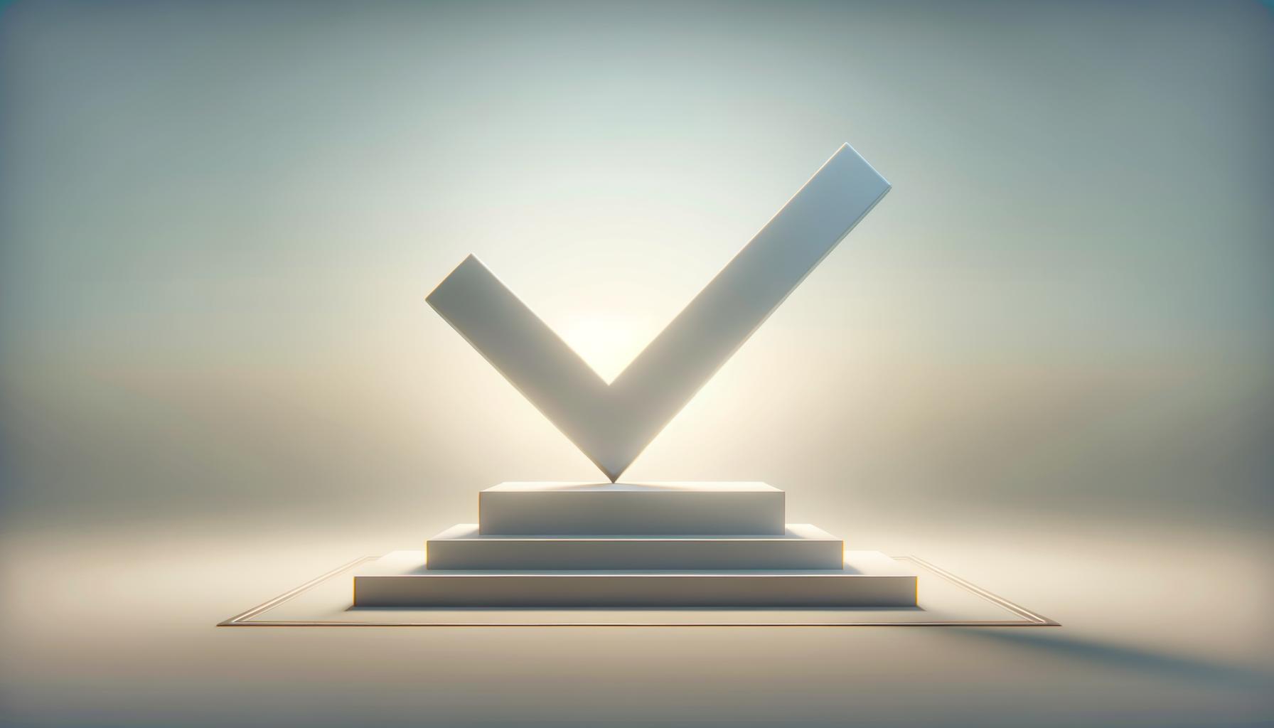 A minimalist illustration of a checkmark on a pedestal with a light gradient background representing trust through execution