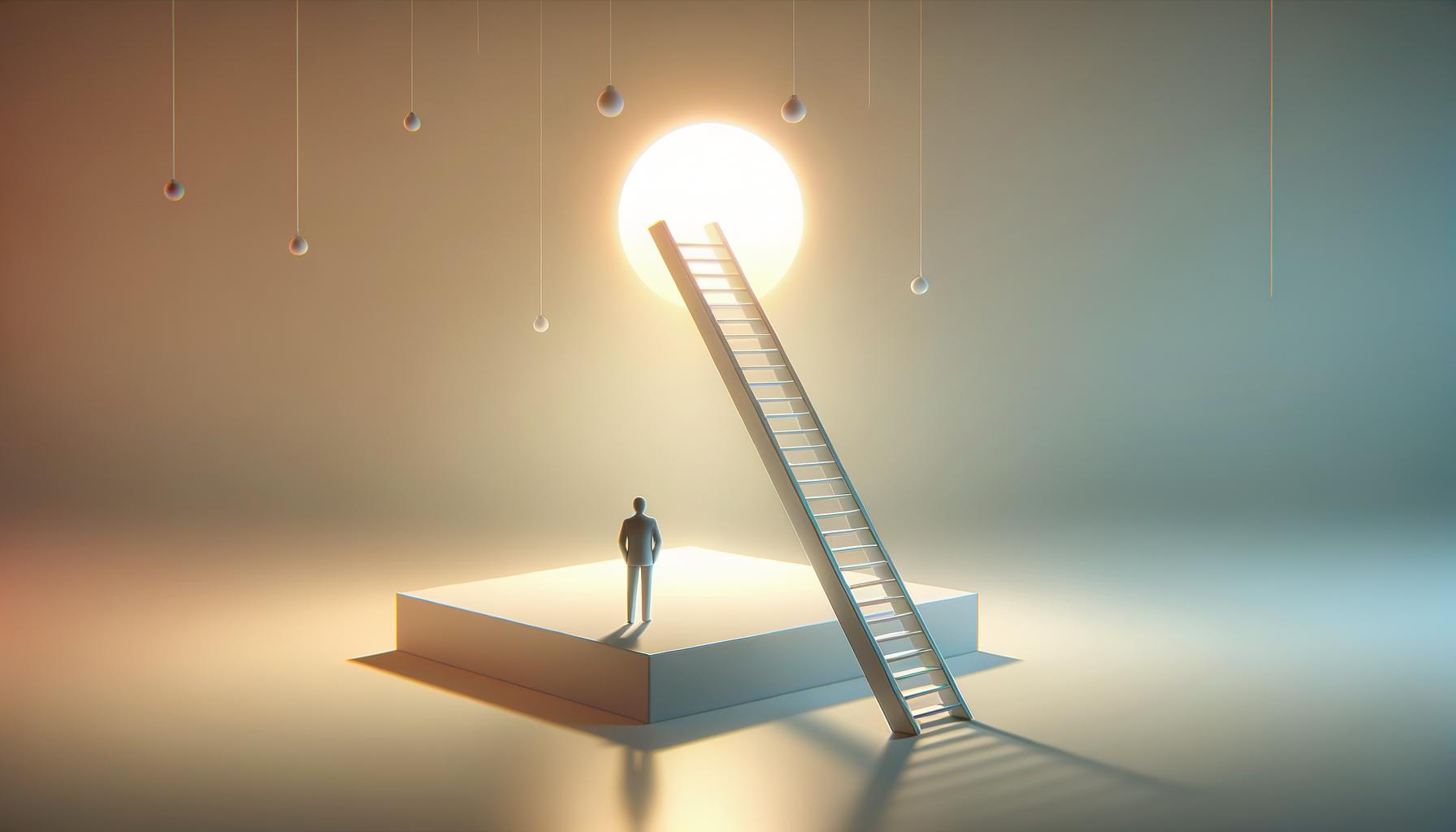 Minimalist illustration of a ladder reaching toward a glowing abstract shape on a soft gradient background