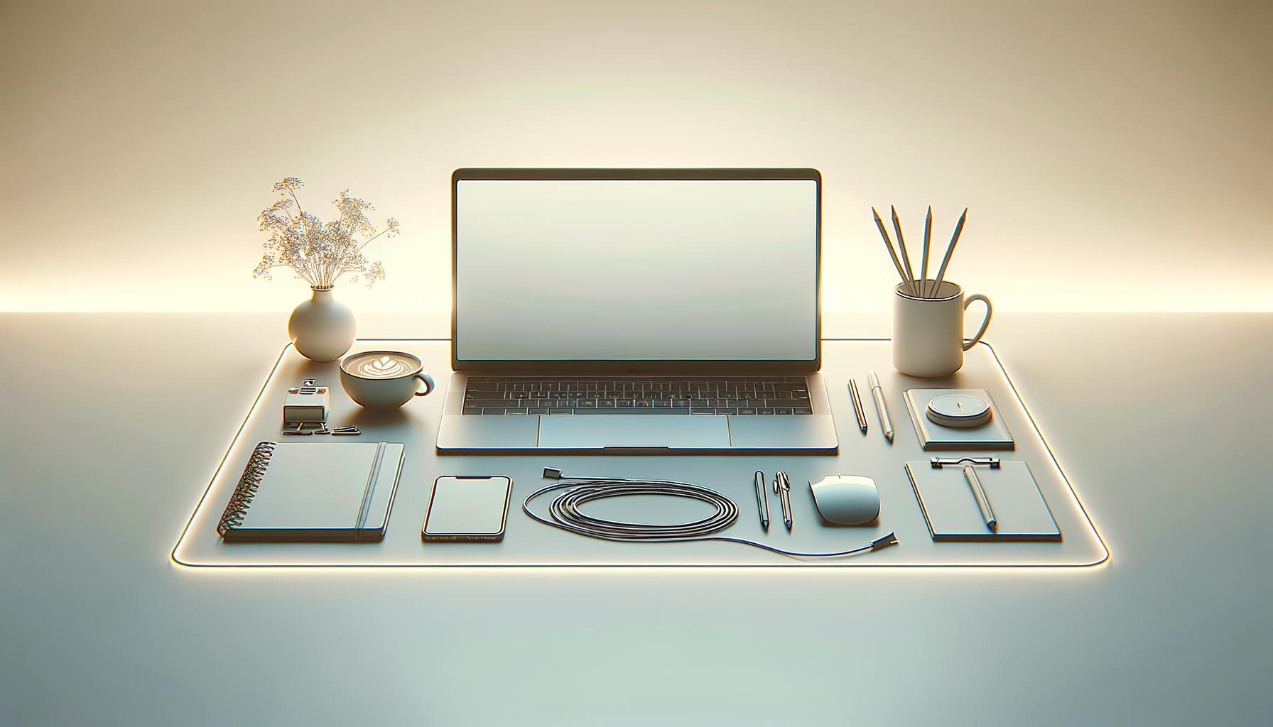 Minimalist illustration of a workspace split between work tools and personal items with a soft gradient background