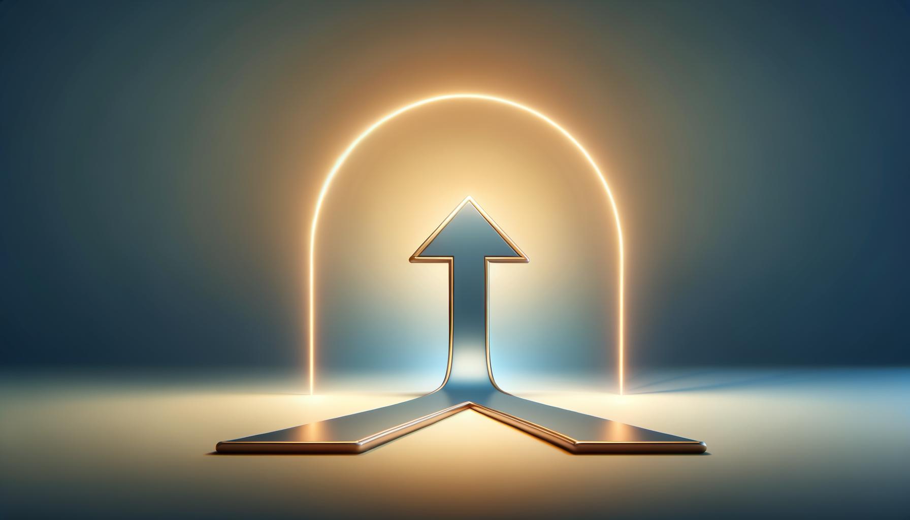 A bold arrow moves forward across a soft gradient background symbolizing strong momentum and taking action