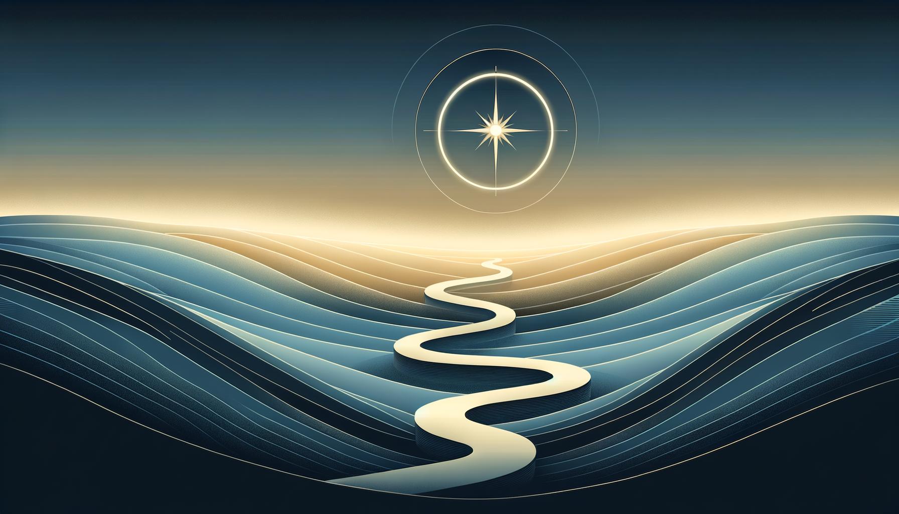 A minimalist path with a glowing compass symbolizing discovery and following your passion