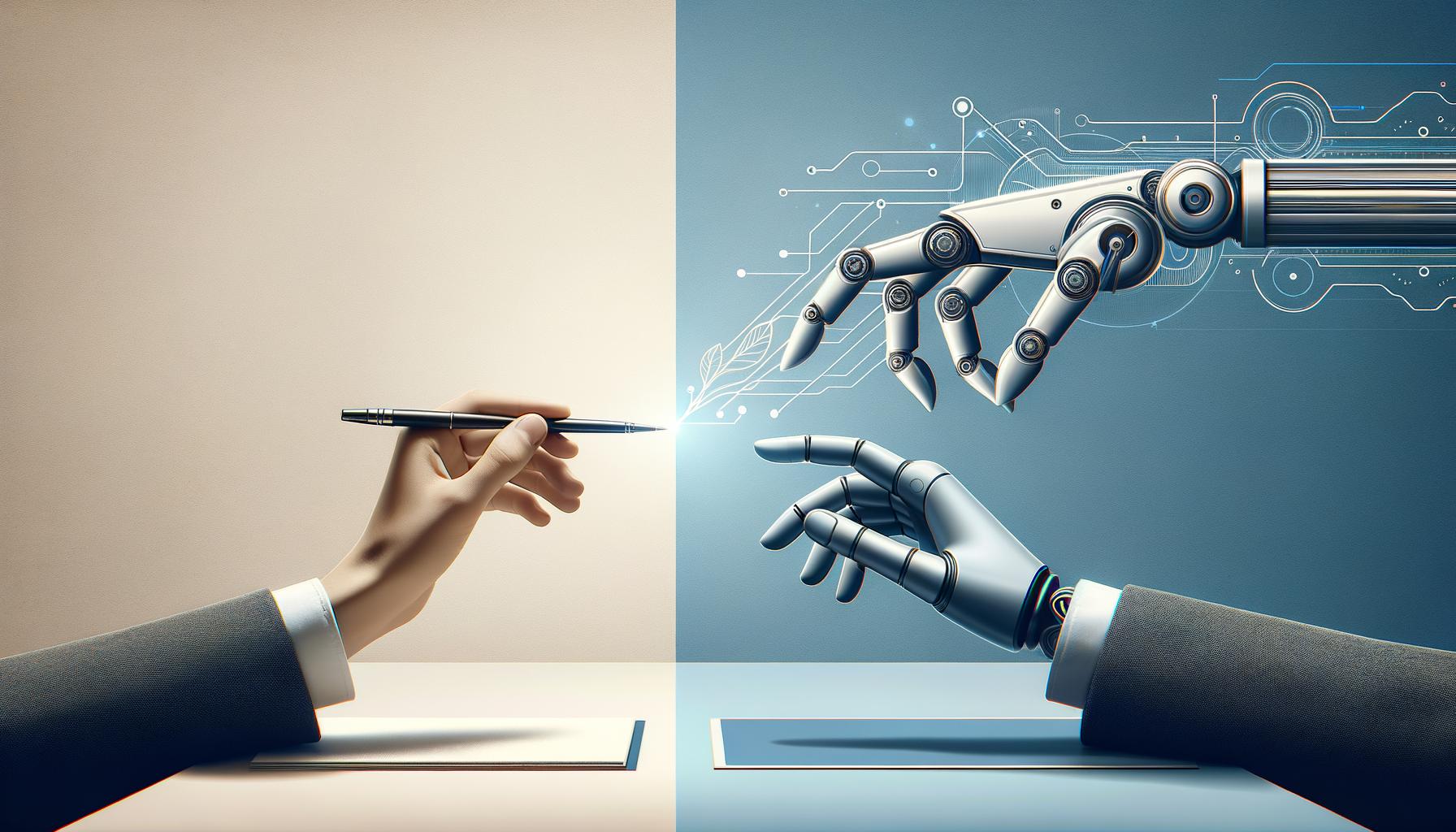 Minimalist illustration showing a hand reaching for a tool opposite an abstract robotic arm on a light gradient background