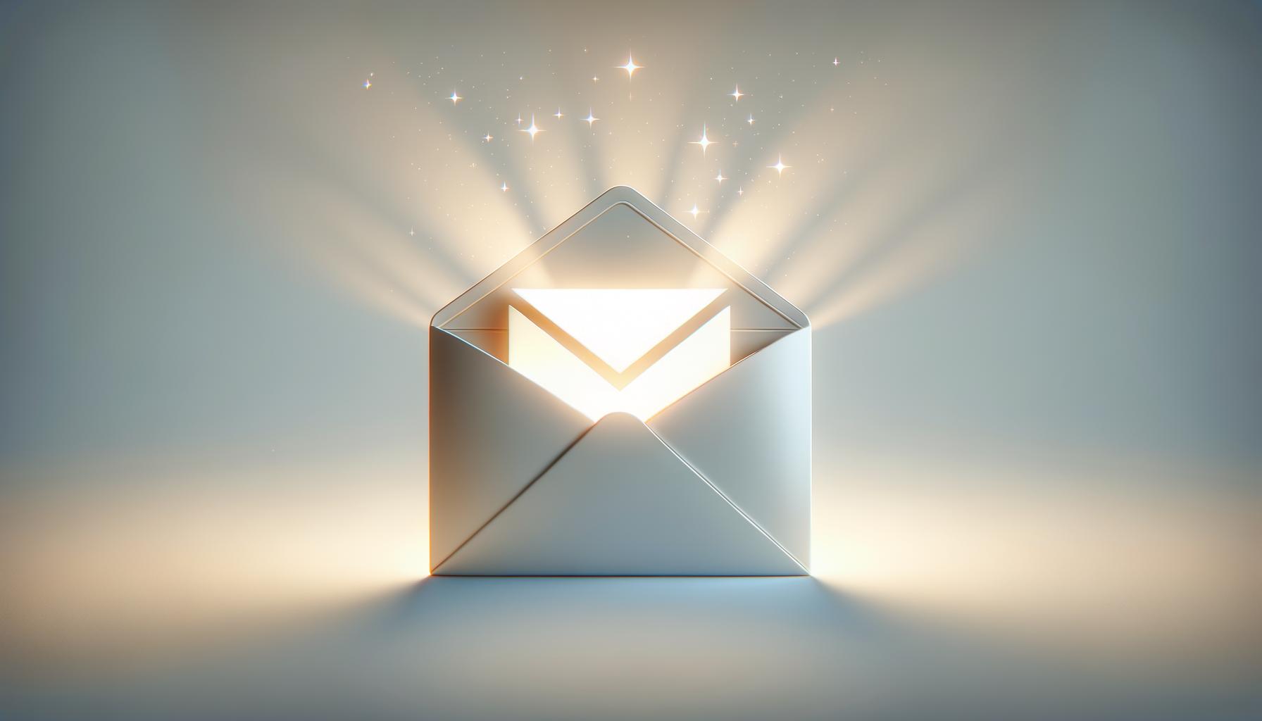 Minimalist illustration of an open envelope with a glowing message on a soft gradient background