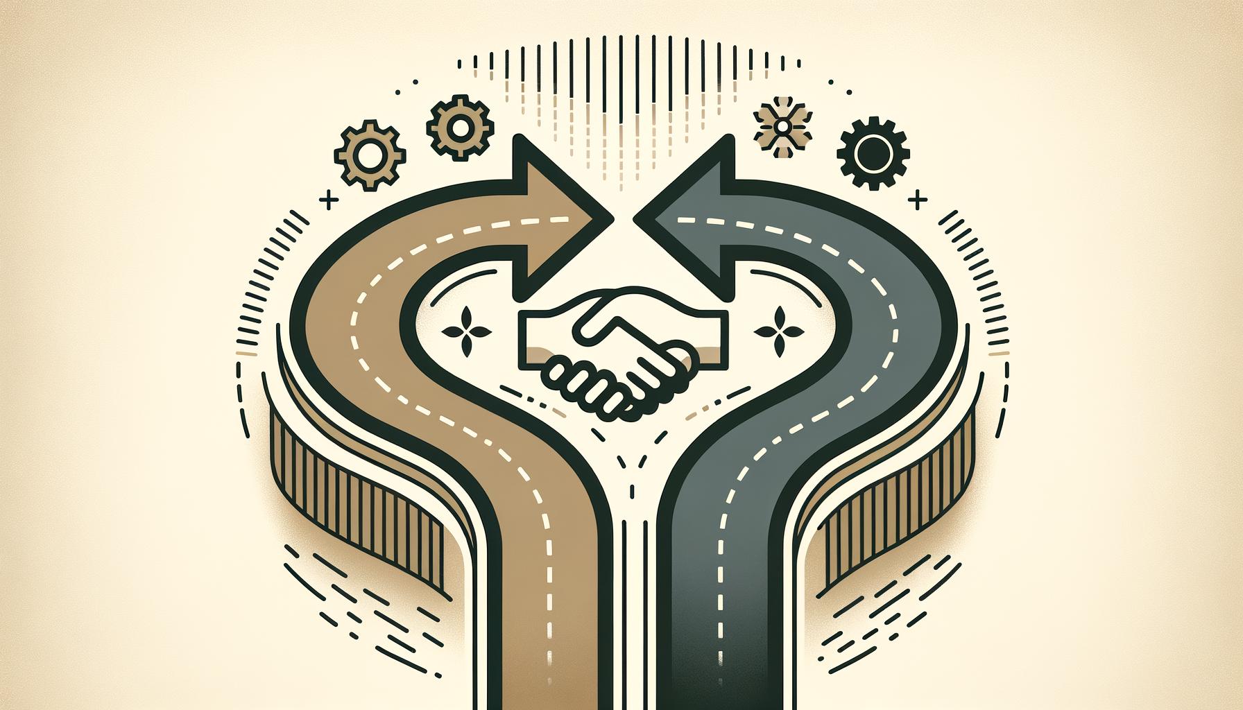 Minimalist illustration showing two diverging paths with subtle icons representing in-house and outsourcing
