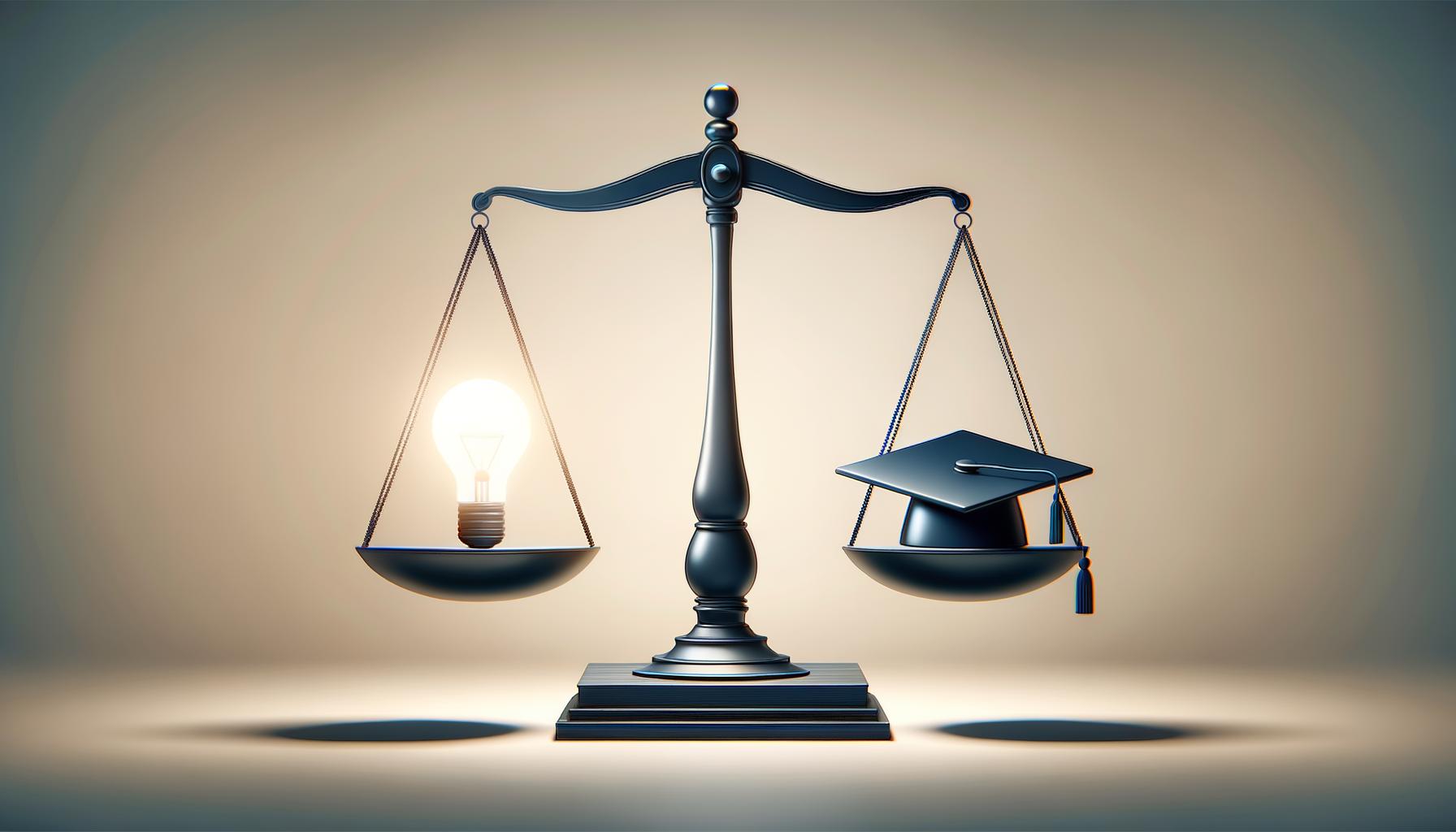 Minimalist scale balancing a lightbulb and graduation cap on a soft gradient background