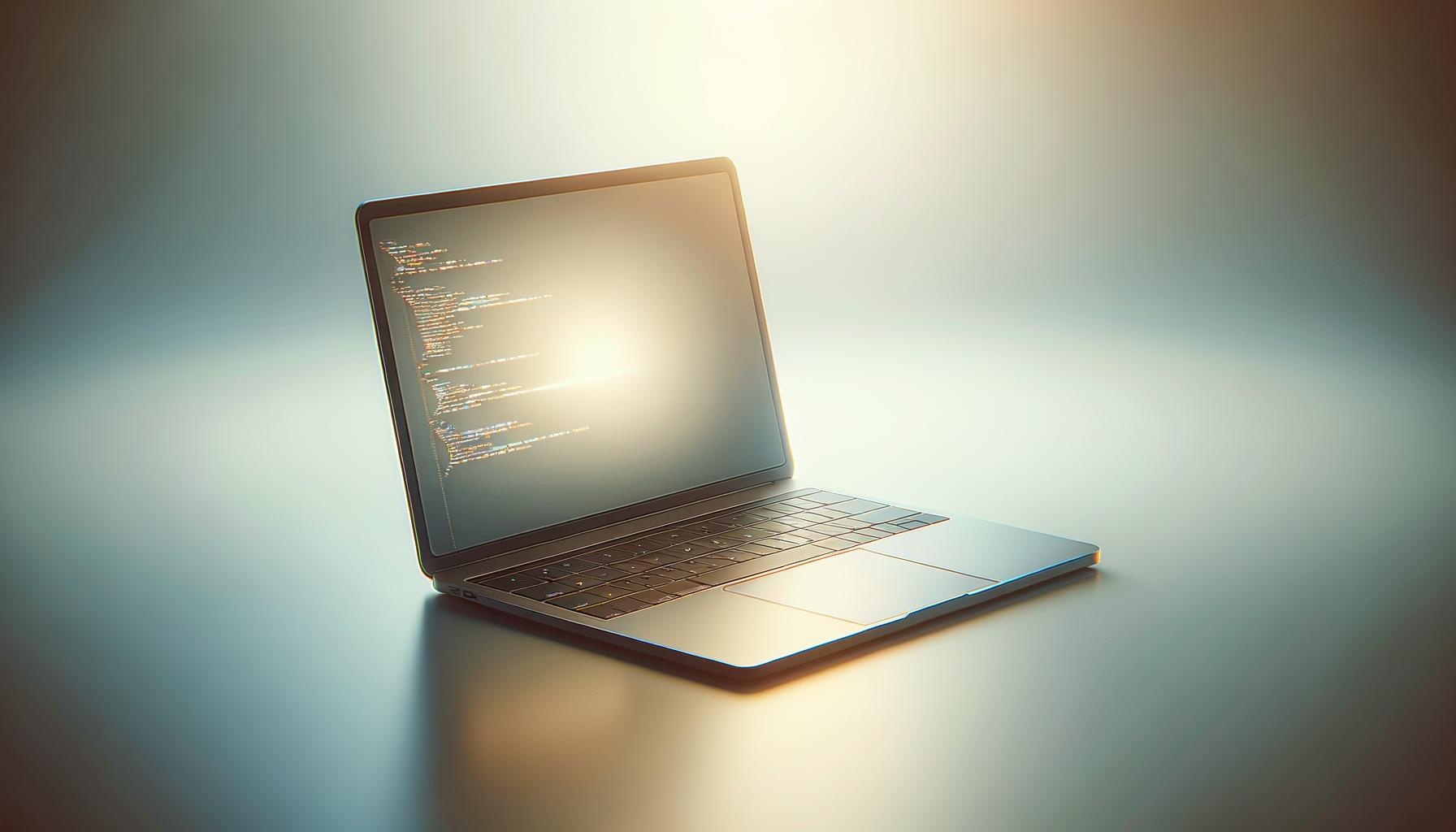Minimalist illustration of an open laptop on a clean desk with code on the screen against a light gradient background