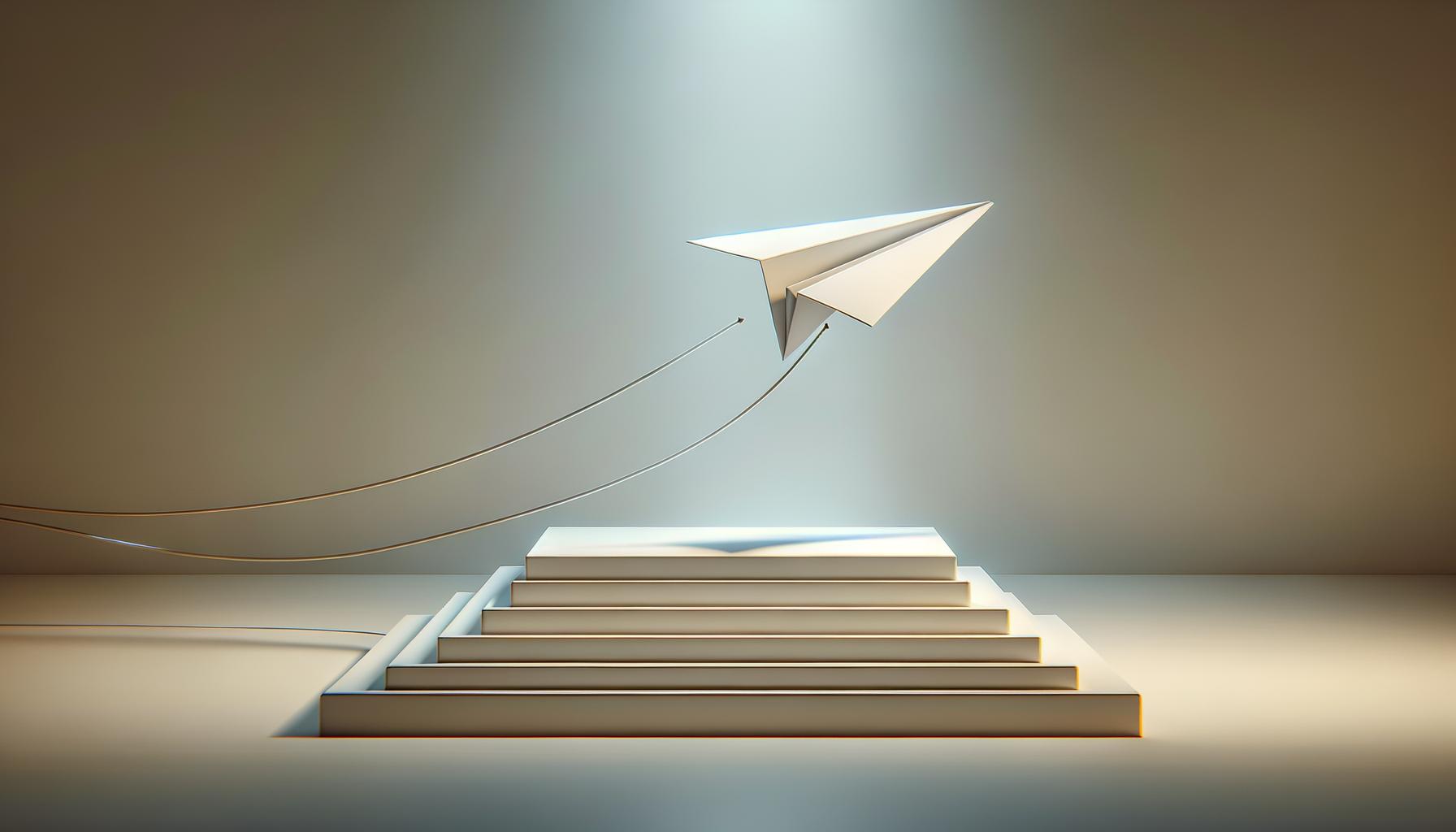 A paper airplane takes flight from a simple platform against a soft gradient background