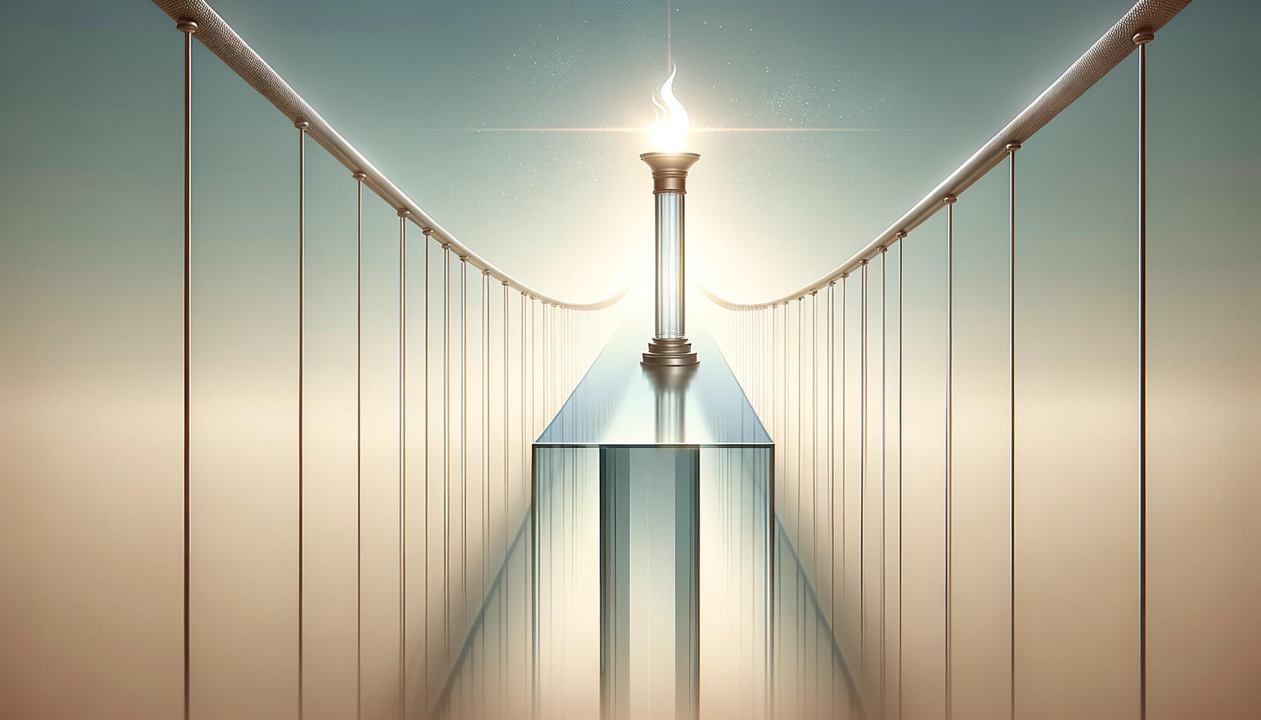 Minimalist illustration of a glass bridge with a glowing beacon symbolizing leadership credibility
