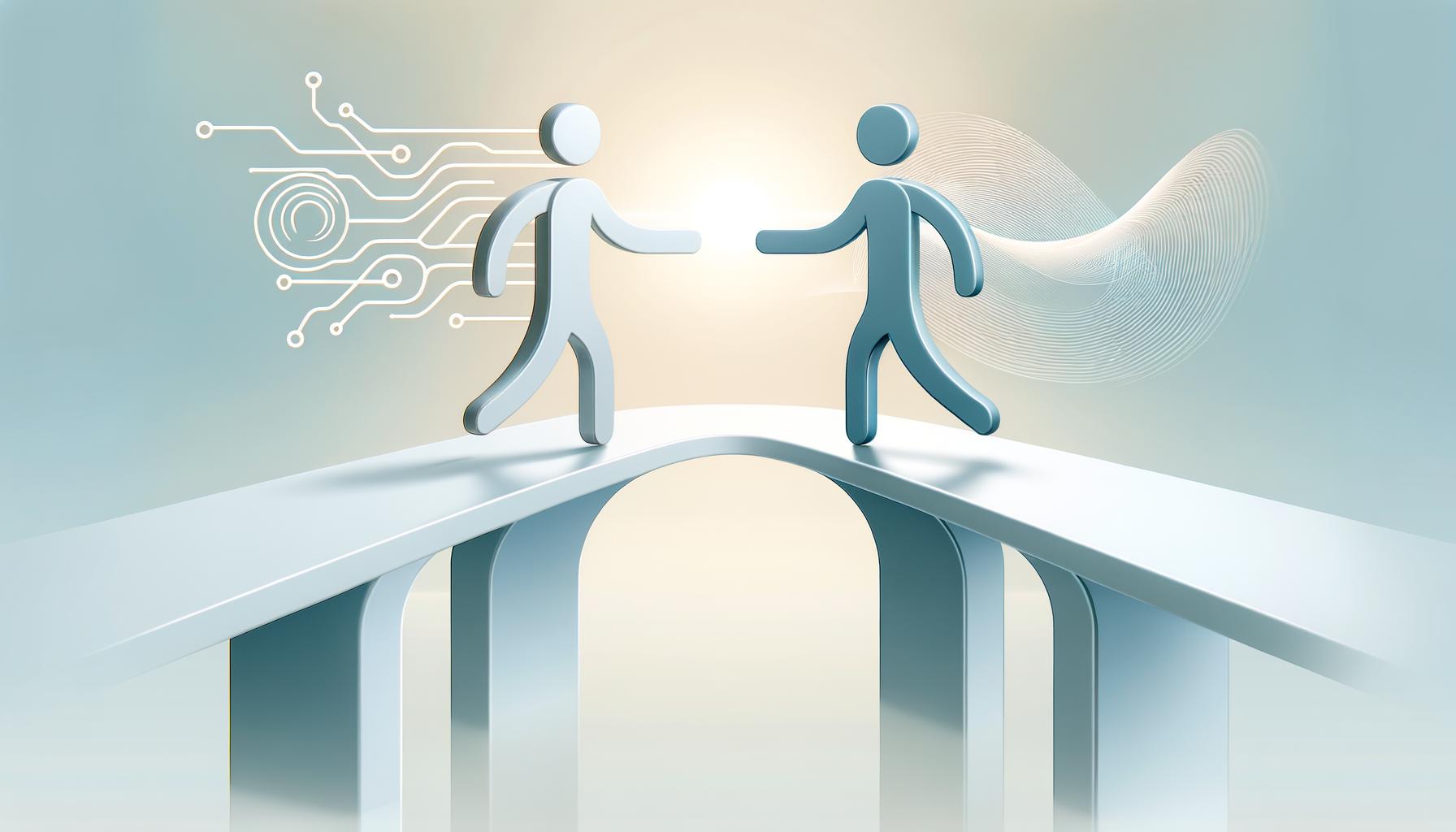 Minimalist bridge linking human and AI figures symbolizing collaboration in hybrid engineering teams