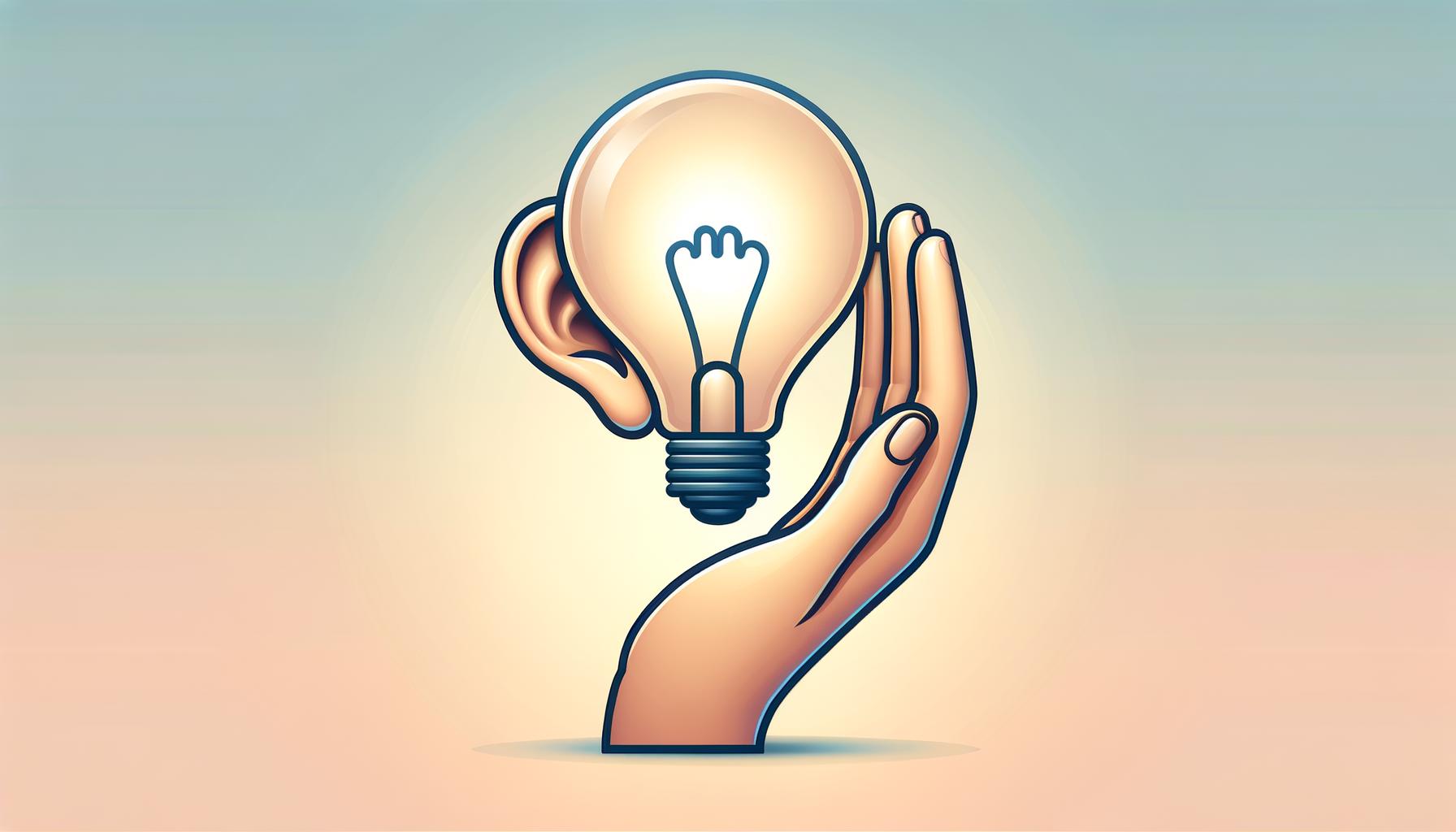 A minimalist ear cupping a glowing light bulb on a soft gradient background symbolizing learning through listening