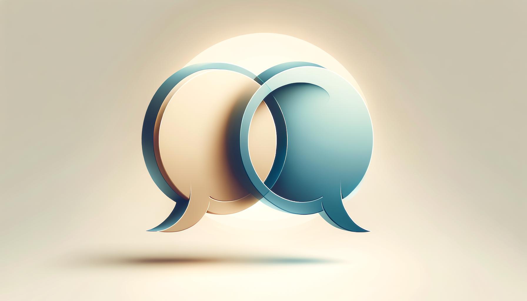 Two minimalist overlapping speech bubbles on a soft gradient background symbolizing connection through communication