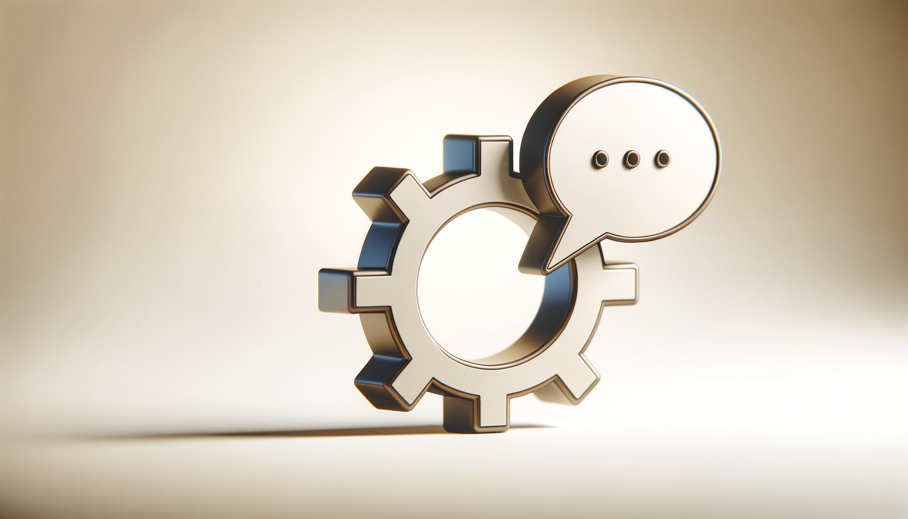 Minimalist gear and speech bubble icon on a soft gradient background representing engineering feedback