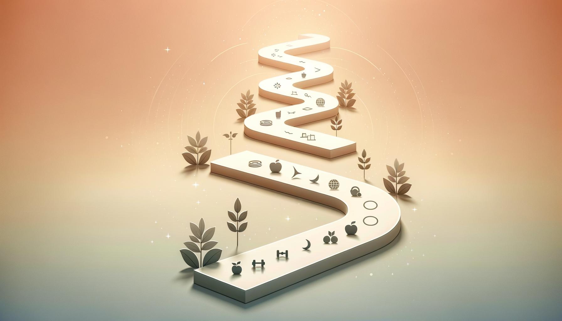 Minimalist pathway with subtle icons symbolizing simple healthy habits for lasting routines and longevity